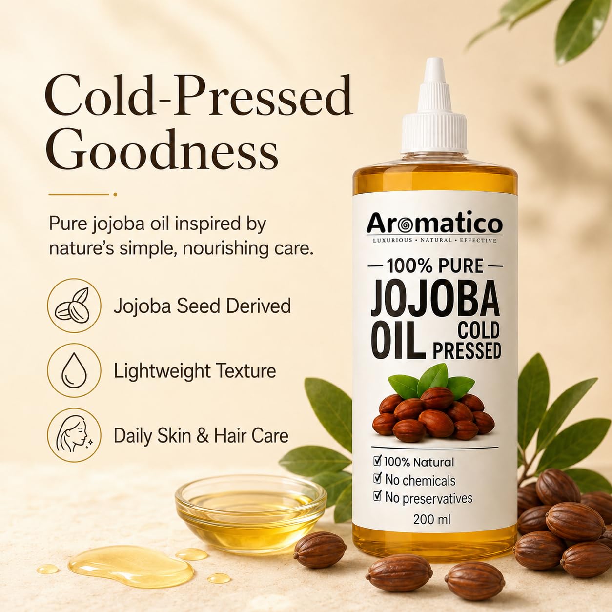 Aromatico 100% Pure Cold Pressed Jojoba Oil – 7 Fl Oz | Natural Hair, Face & Body Oil – Lightweight Moisturizing Carrier Oil for Dry Scalp, Skin Care, Beard, Cuticles & Massage