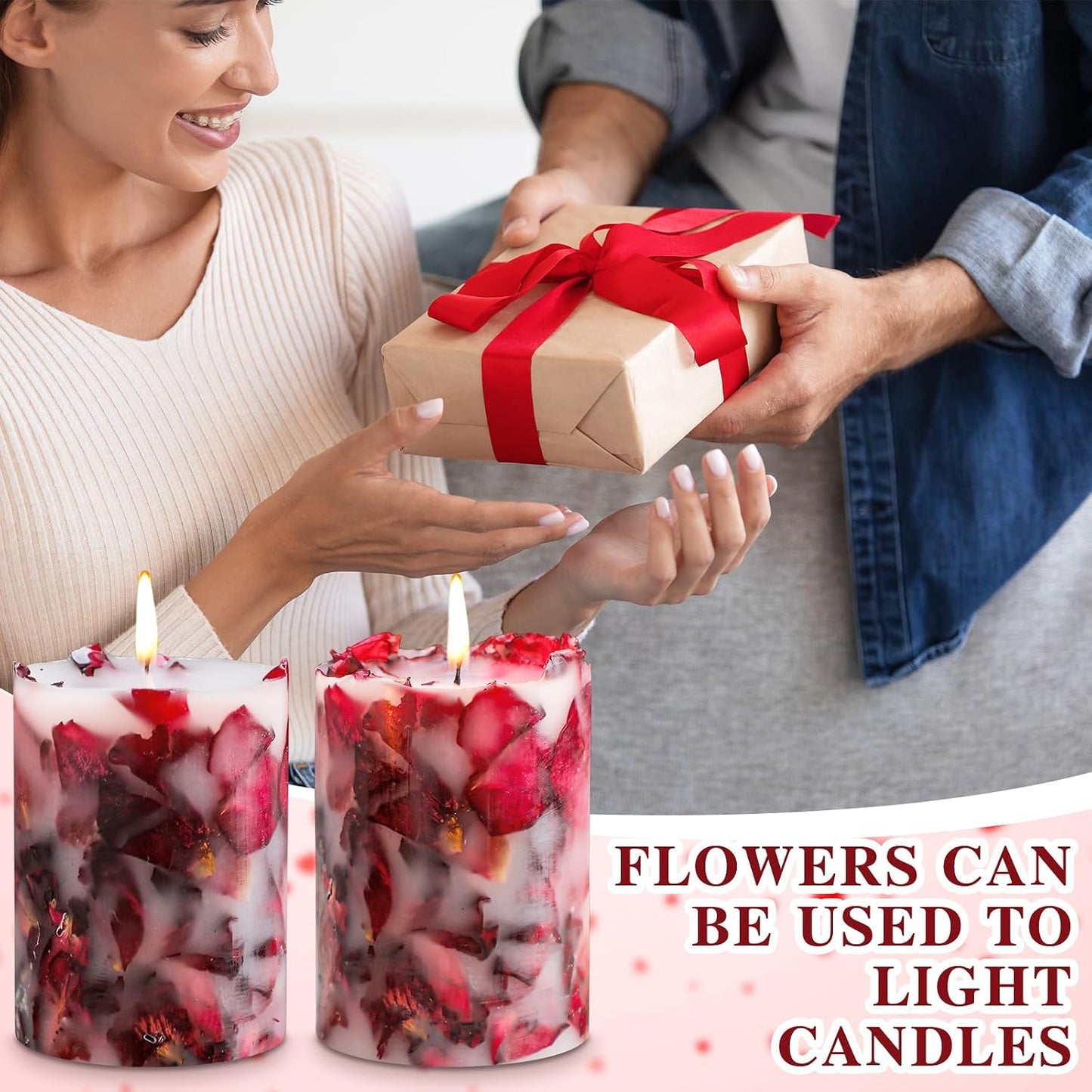 Nuanchu 2 Pcs Rose Petal Scented Pillar Candles - Dried Flower Infused Soy Wax Candles, Burning Candle for Home Decor, Wedding, Romantic Night, Birthday, Anniversary, Gifts for Women