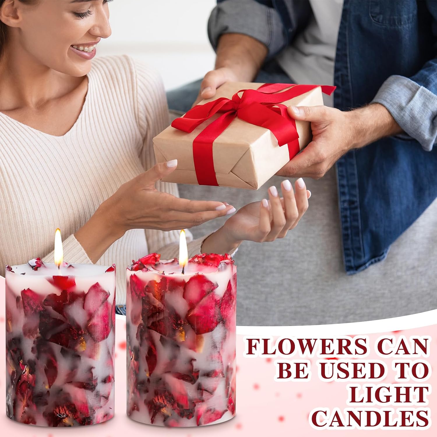 Nuanchu 2 Pcs Rose Petal Scented Pillar Candles - Dried Flower Infused Soy Wax Candles, Burning Candle for Home Decor, Wedding, Romantic Night, Birthday, Anniversary, Gifts for Women