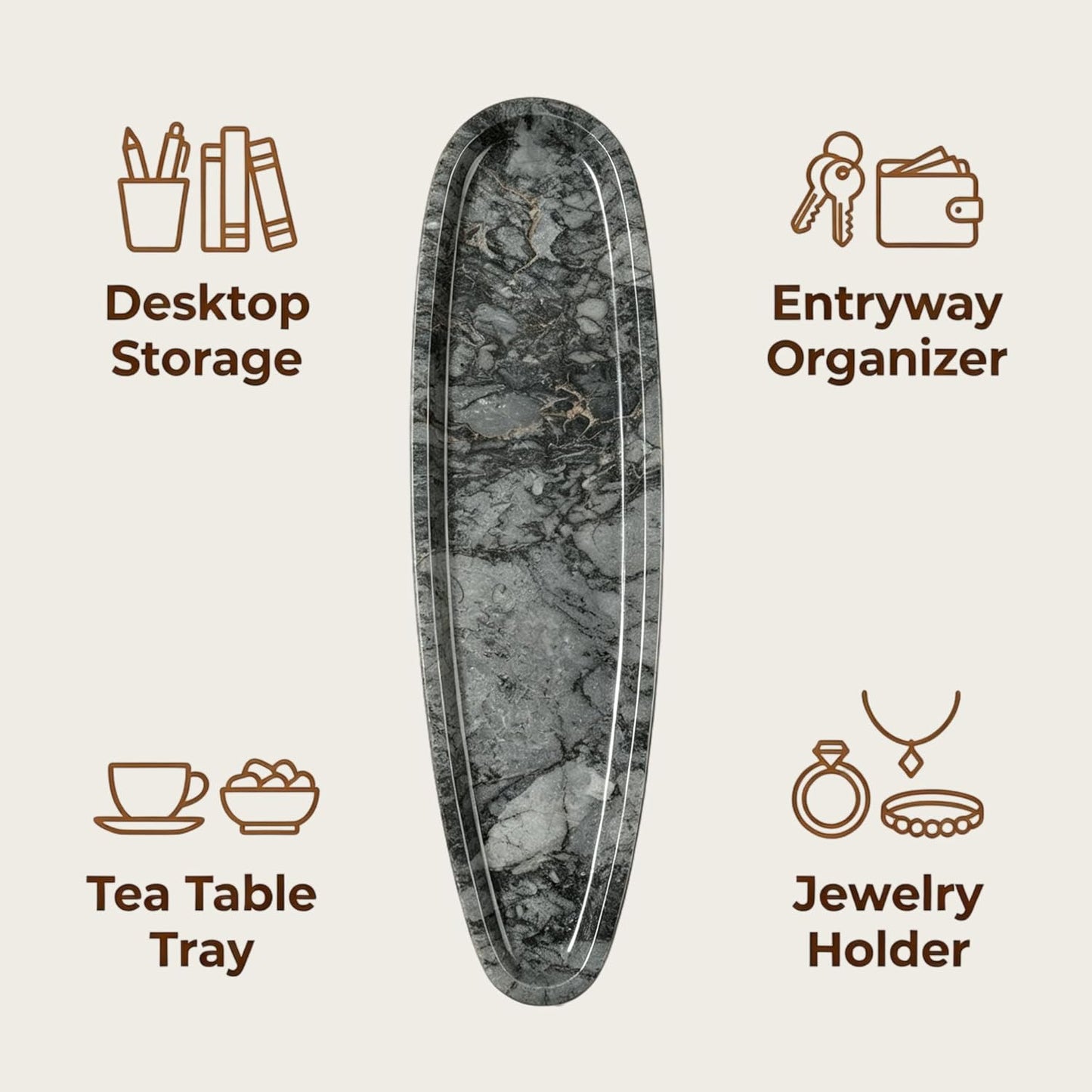Natural Marble Vanity Tray, 16.6"x4.6" Grey Real Stone Decorative Tray for Bathroom Countertop & Home Decor, Catchall Organizer for Jewelry, Candles, Cosmetics & Perfume（Grey）