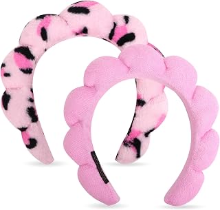 Wecoe 2pcs Skincare Headband For Washing Face Spa Makeup Face Wash Headband Cute Pink Black Cheetah Leopard Printed Puffy Sponge Bubble Headband Hair Accessories For Women Girls Kids Teens Gifts