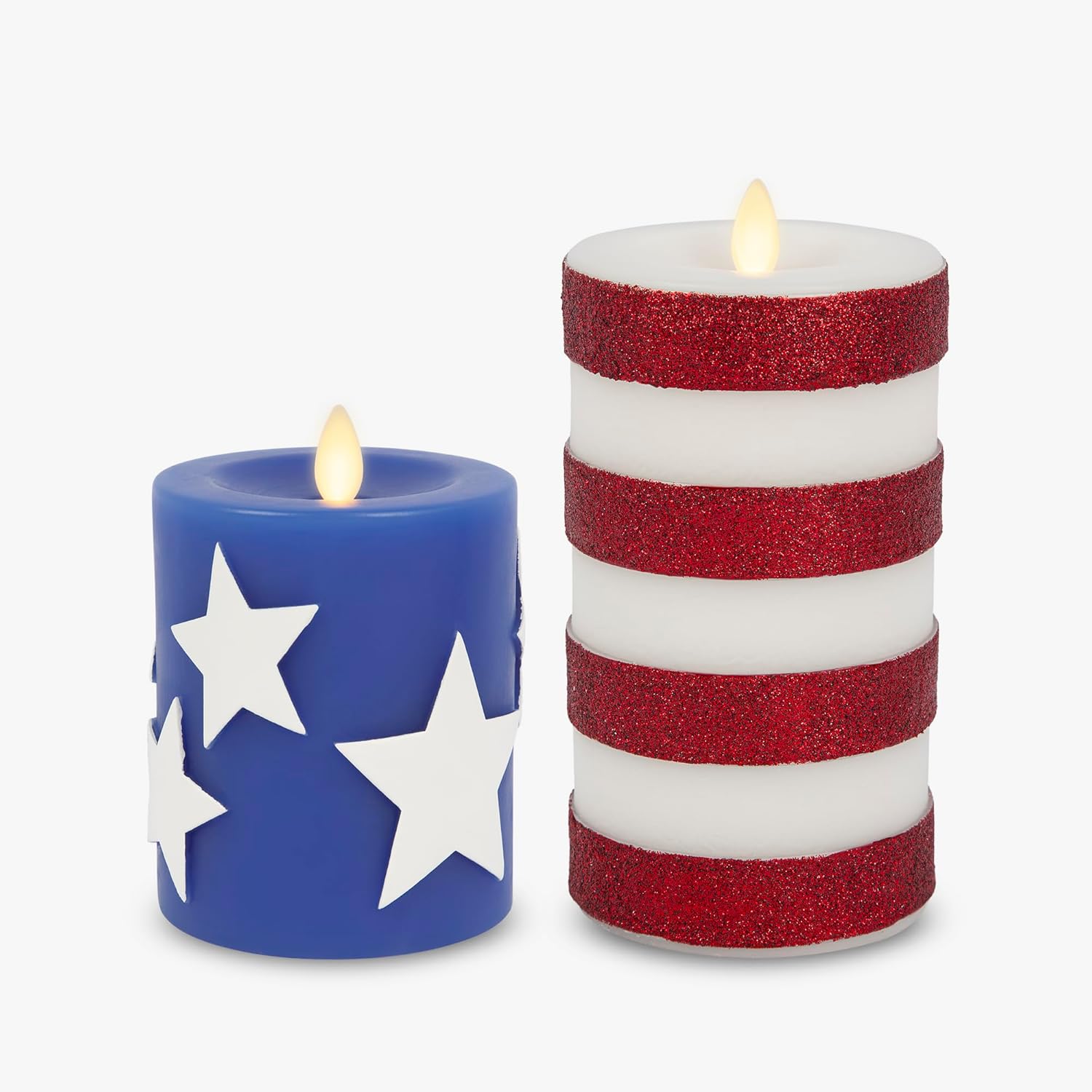 Luminara Flameless LED Stars & Stripes, 2 Patriotic Americana Pillar Candles, Timer, Remote Ready, American Flag Design for July 4th Memorial Day