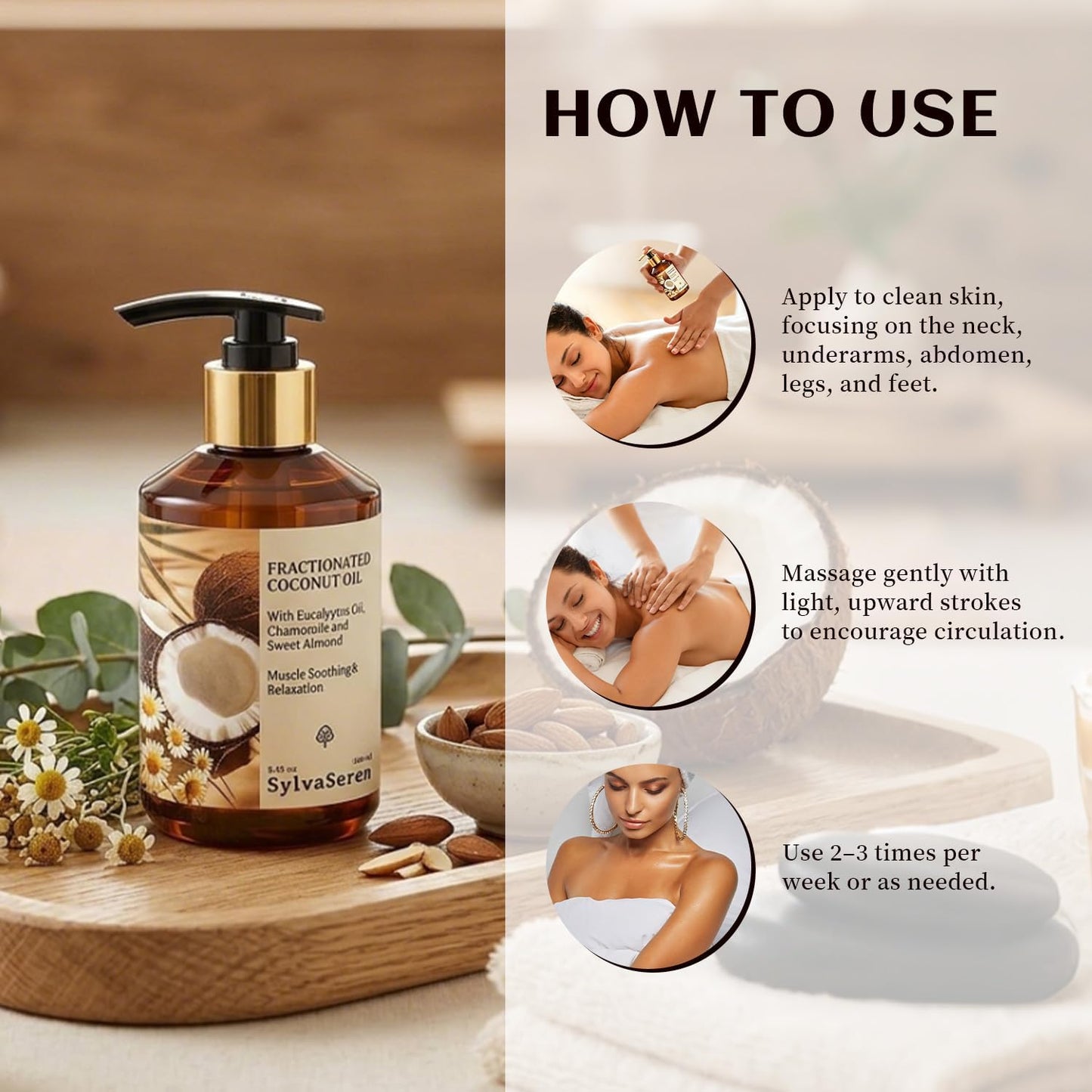 Organic Fractionated Coconut Oil Body Massage Oil with Sweet Almond & Chamomile – Lightweight, Non-Greasy, Relaxing Muscle Massage & Skin Moisturizer, 250 ml / 8.45 oz