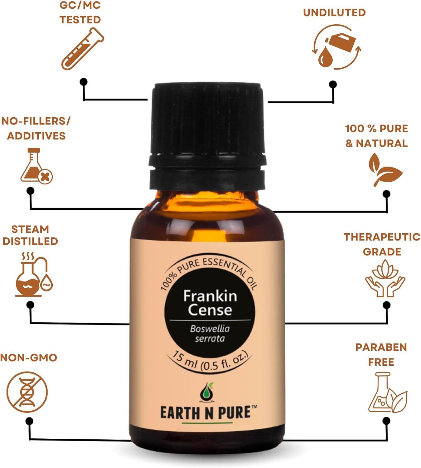 Earth N Pure Frankincense Essential Oil Steam Distilled, Undiluted, Natural and Therapeutic Grade with Glass Dropper 15 ml