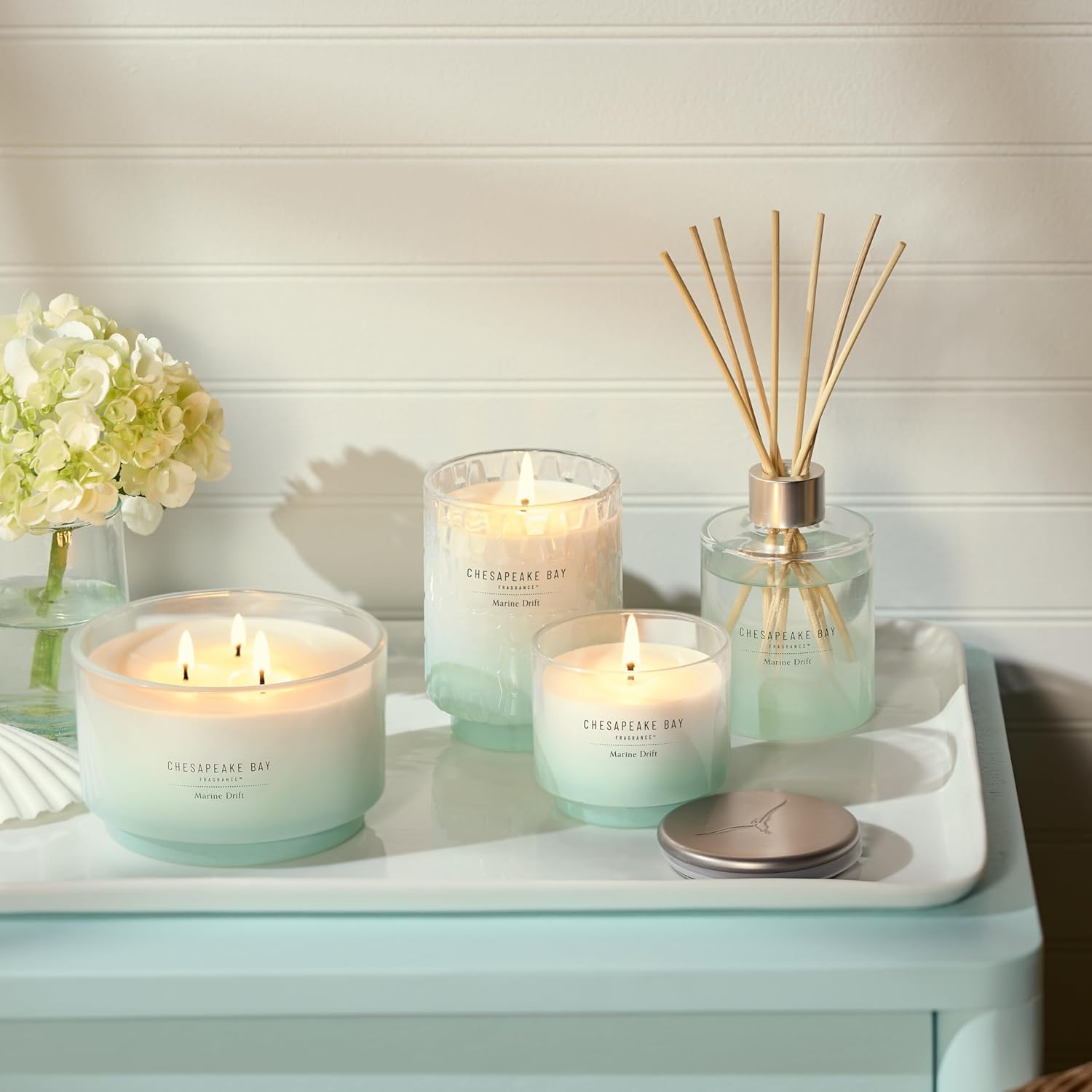Chesapeake Bay, 8oz Marine Drift Scented Candle, Mood Evoking Fragrance, Textured Sea Glass-Inspired Jar, Premium Soy Blend Wax with Essential Oils, Coastal Fragrance for Home Décor or Gifting