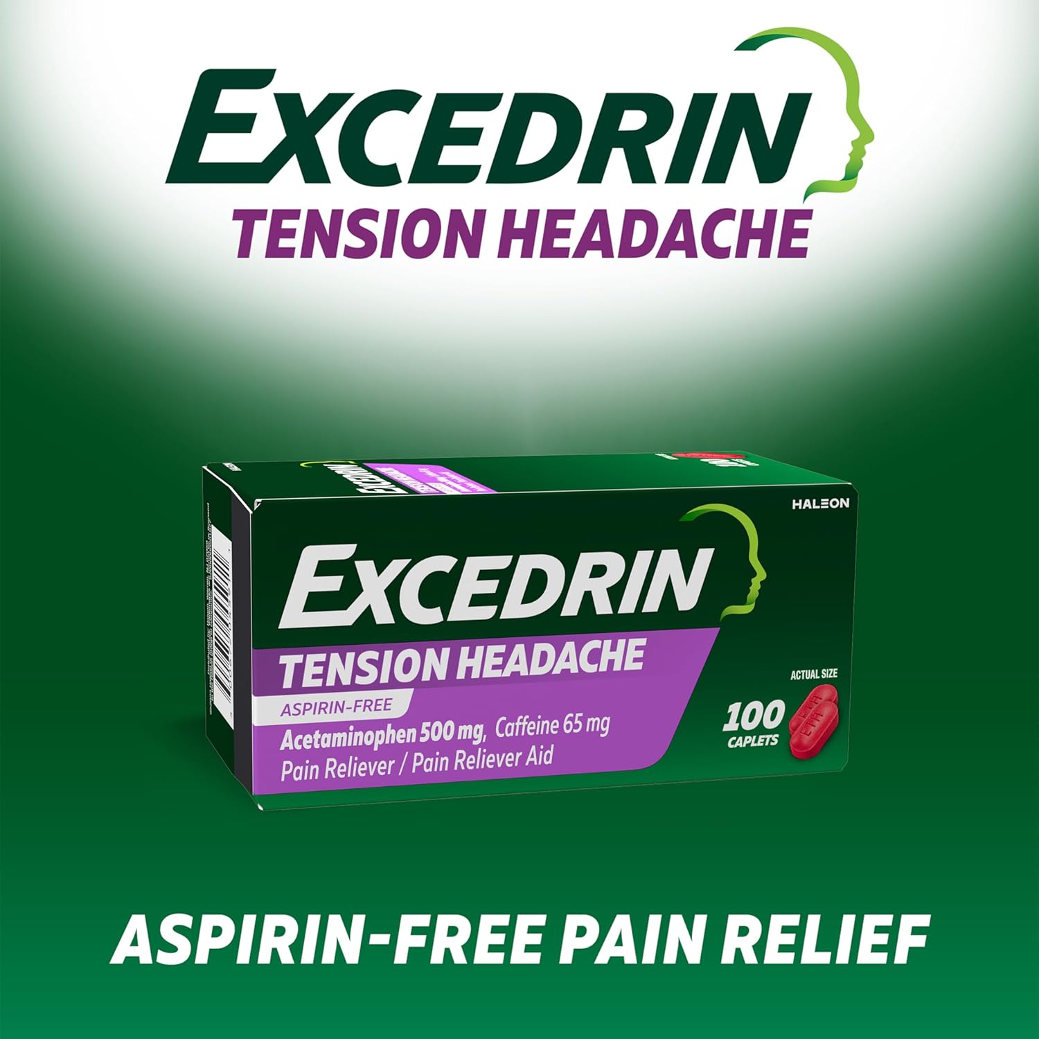 Excedrin Tension Headache Relief Caplets, Acetaminophen 500mg, Caffeine 65mg, Pain Reliever, Aspirin-Free, 100 Count