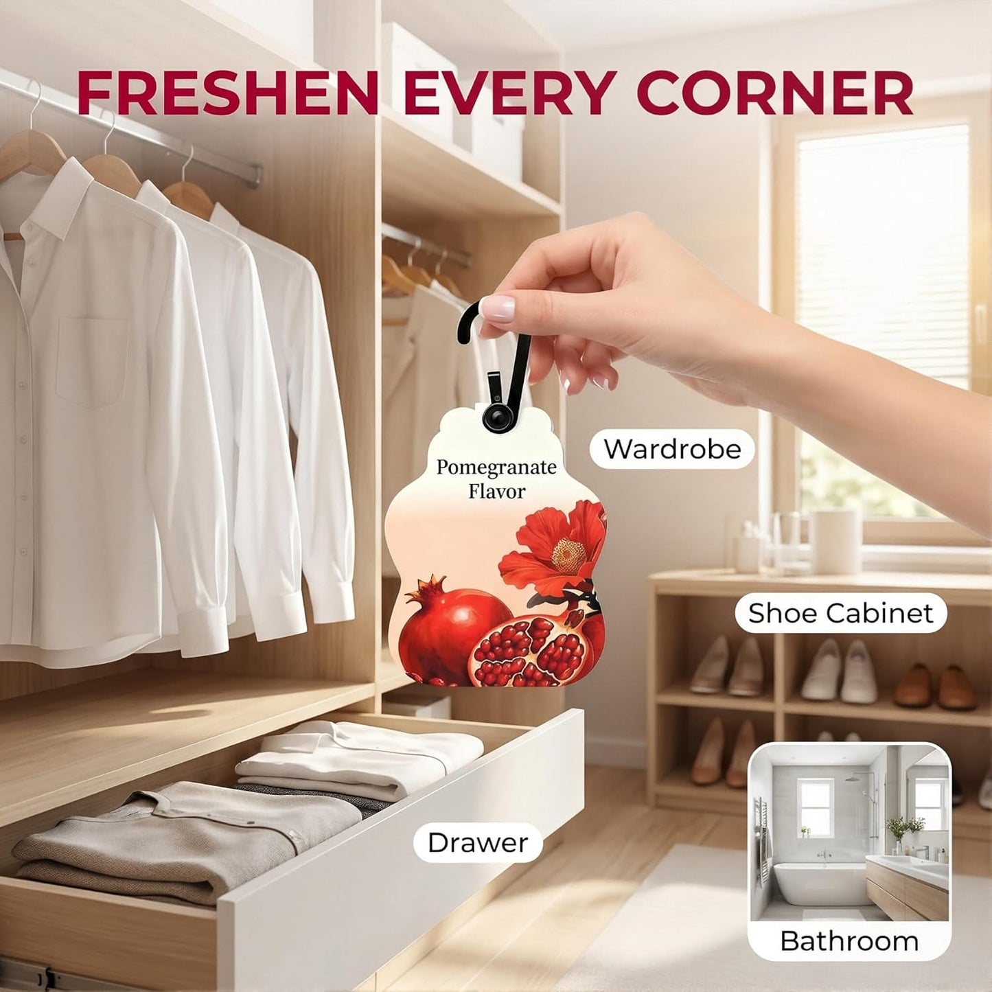Pomegranate Scented Sachets for Drawers & Closets, 6 Pack Hanging Fragrance Sachets with EVA Beads for Wardrobe, Car, Shoe Cabinet and Bathroom (0.35 oz Each)