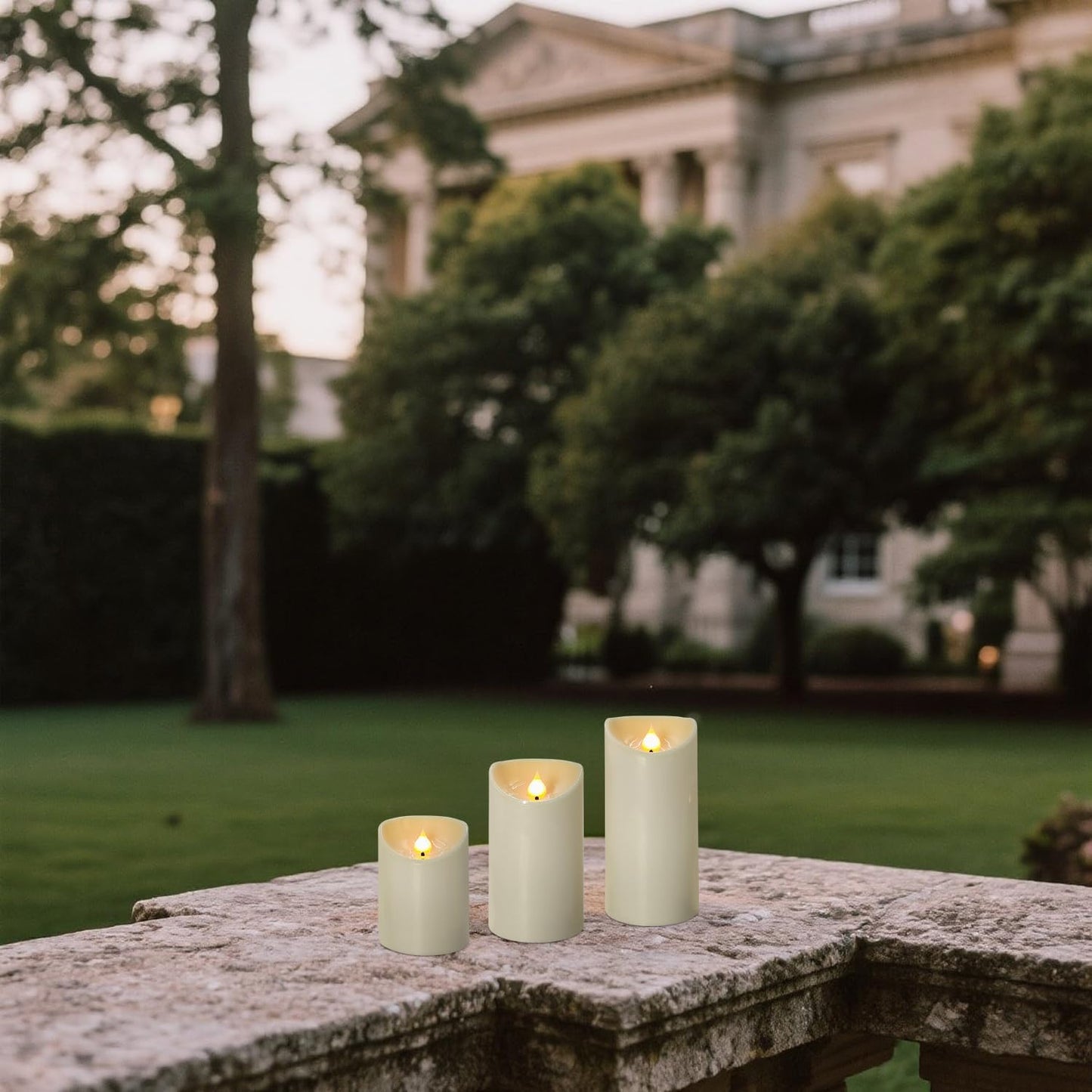 Battery Operated Pillar Candles, 3 Pack Ivory Flickering LED Candles with Remote and Timer, Indoor & Outdoor Flameless Candles, 15-Day Runtime