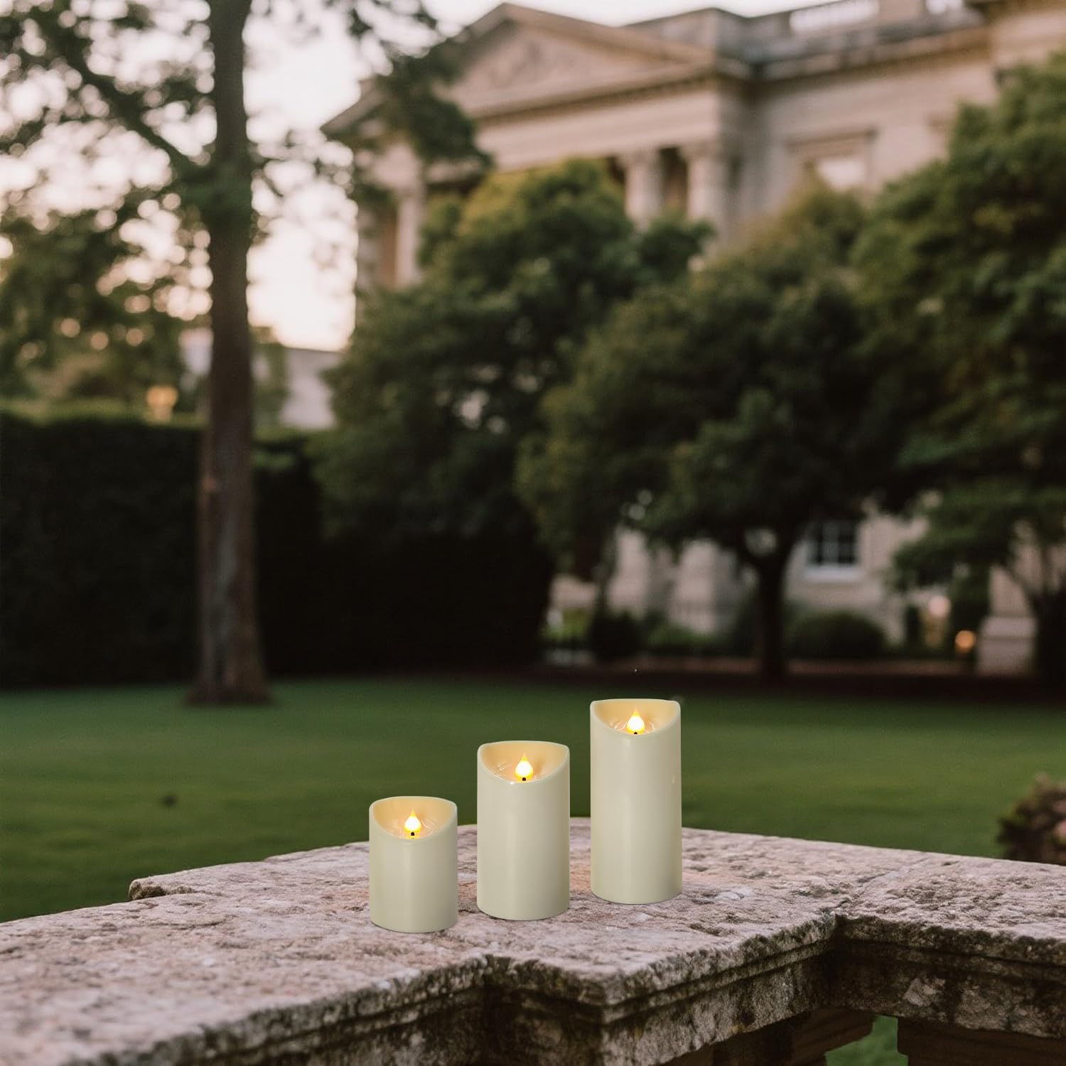 Battery Operated Pillar Candles, 3 Pack Ivory Flickering LED Candles with Remote and Timer, Indoor & Outdoor Flameless Candles, 15-Day Runtime