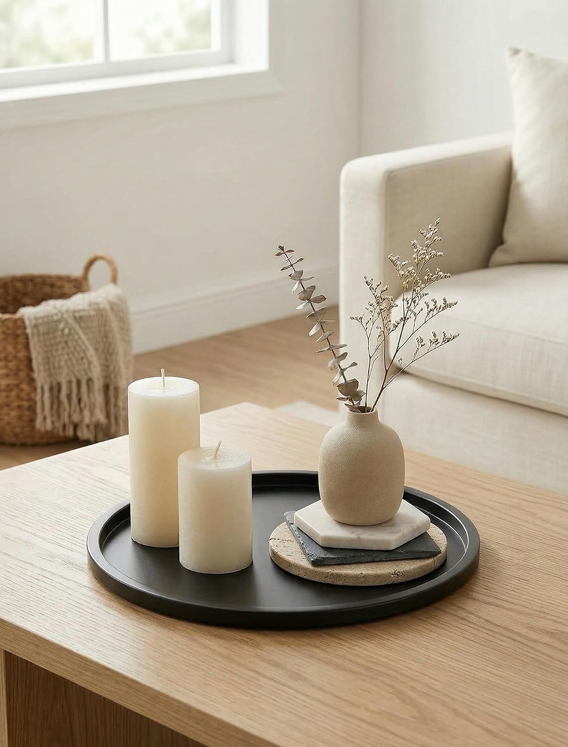 Romadedi Black Round Candle Tray: Metal Decorative Trays for Coffee Table Centerpiece Kitchen Bathroom Counter Modern Farmhouse Home Decor 11.8 Inches