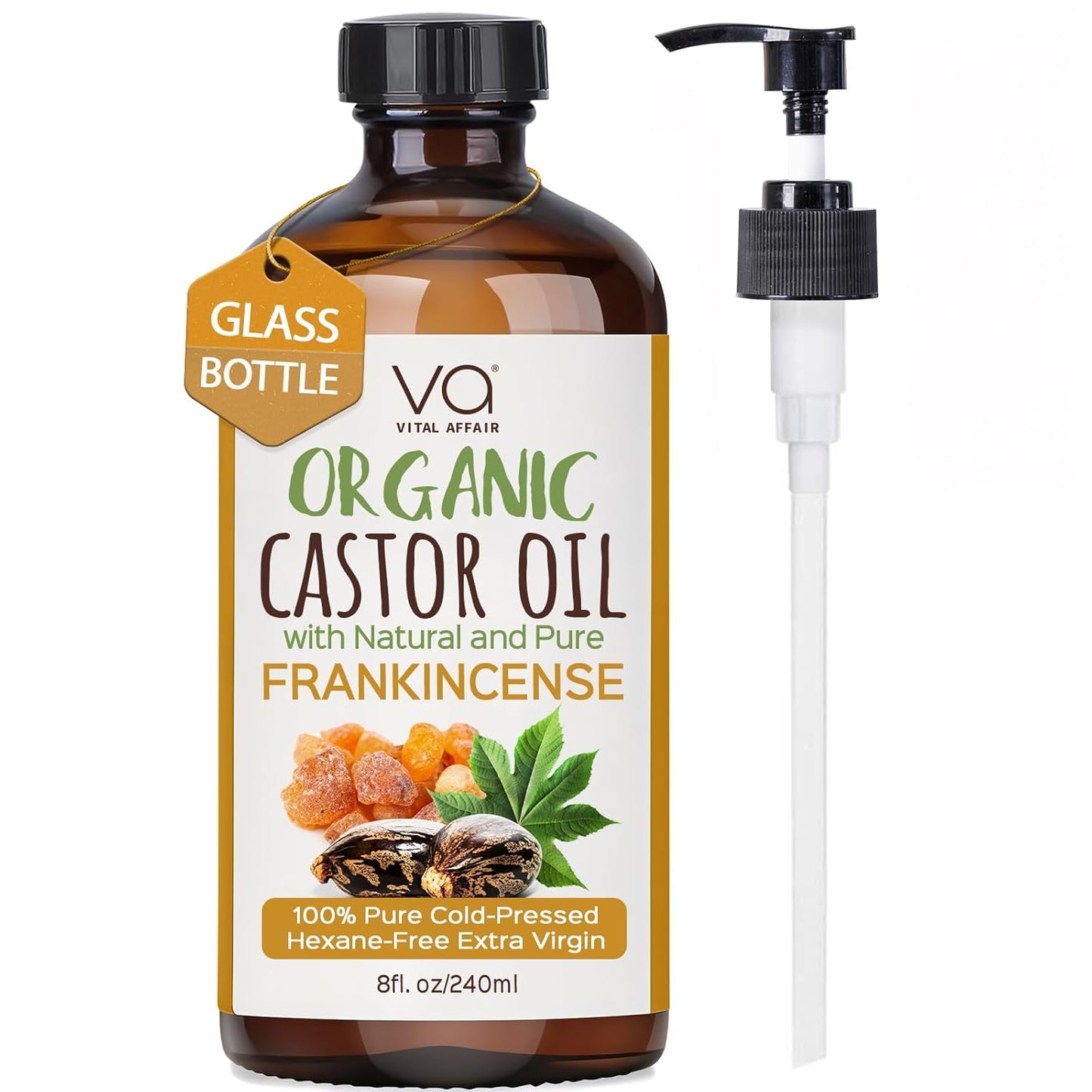 VITAL AFFAIR Organic Castor & Frankincense Oil Blend - 100% Pure and Natural, Cold Pressed, Unrefined Glass Bottle Castor and Frankincense Oil For Face & Hair Growth - 8oz