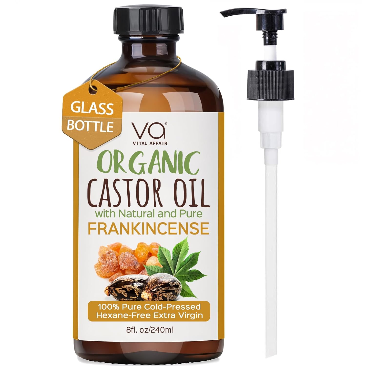 VITAL AFFAIR Organic Castor & Frankincense Oil Blend - 100% Pure and Natural, Cold Pressed, Unrefined Glass Bottle Castor and Frankincense Oil For Face & Hair Growth - 8oz
