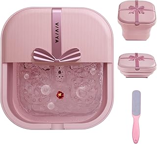VIVIYA Collapsible Foot Bath Spa with heat and Massage Rollers, Foldable Foot Soak Tub with Bubbles Jets and LED light, Pedicure Foot Spa Massager with Foot Scrubber for Home Use (Pink)