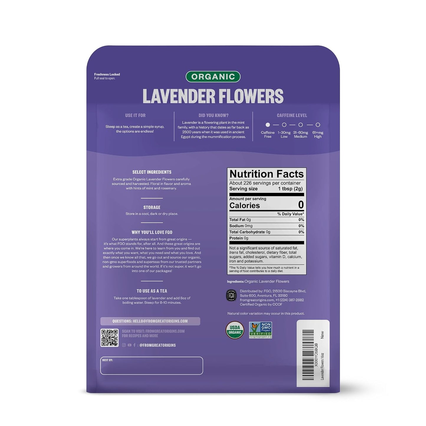 FGO Organic Dried Lavender Flowers, Extra Grade Dried Buds, Imported From France for Culinary or Sachet Bags, 16oz Bulk, Packaging May Vary (Pack of 1)