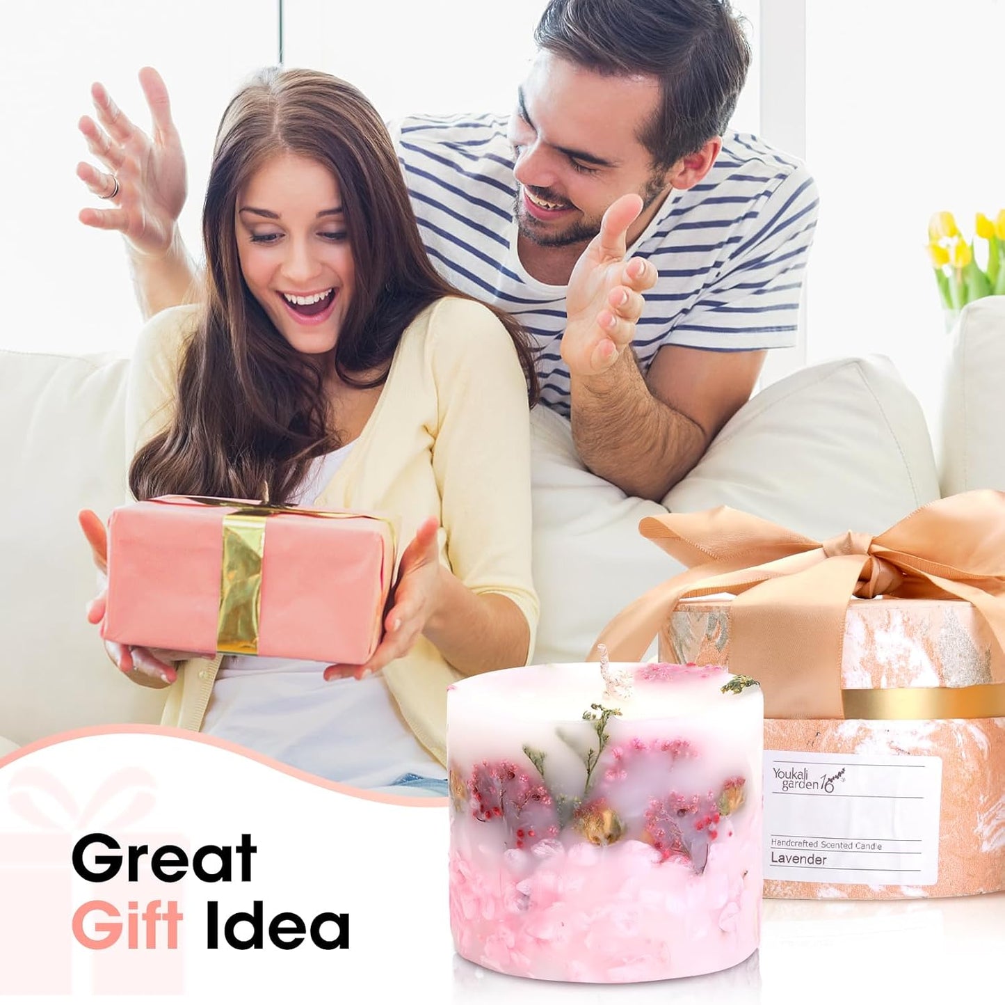 Scented Soy Candle for Women - Long-Lasting Natural Pillar Candle with Dried Flowers - Poured Luxury Candle for Mothers Day Gifts (English Pear & Freesia)