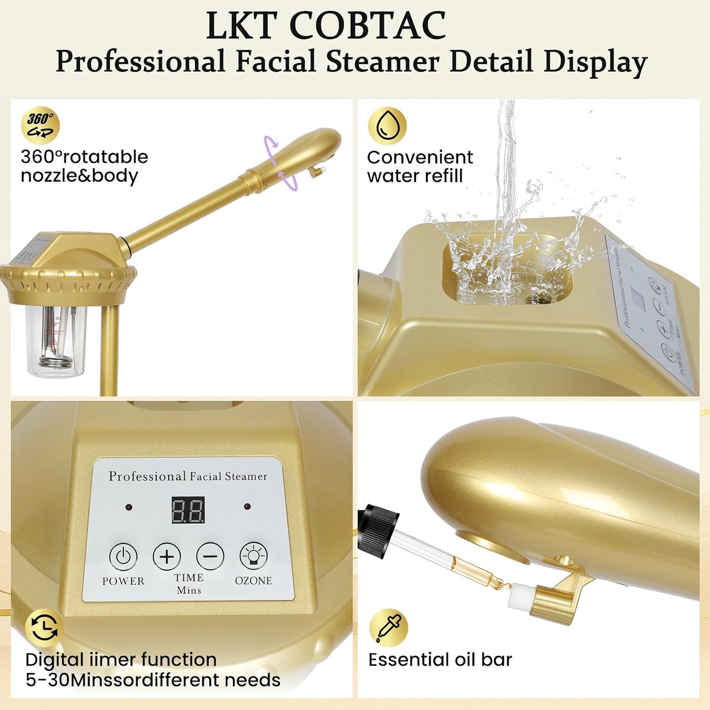 Professional Facial Steamer on Wheels,Gold Ozone Steamer for Face with 30-Minutes Timer,Spa Face Steamer for Deep Facial Cleansing