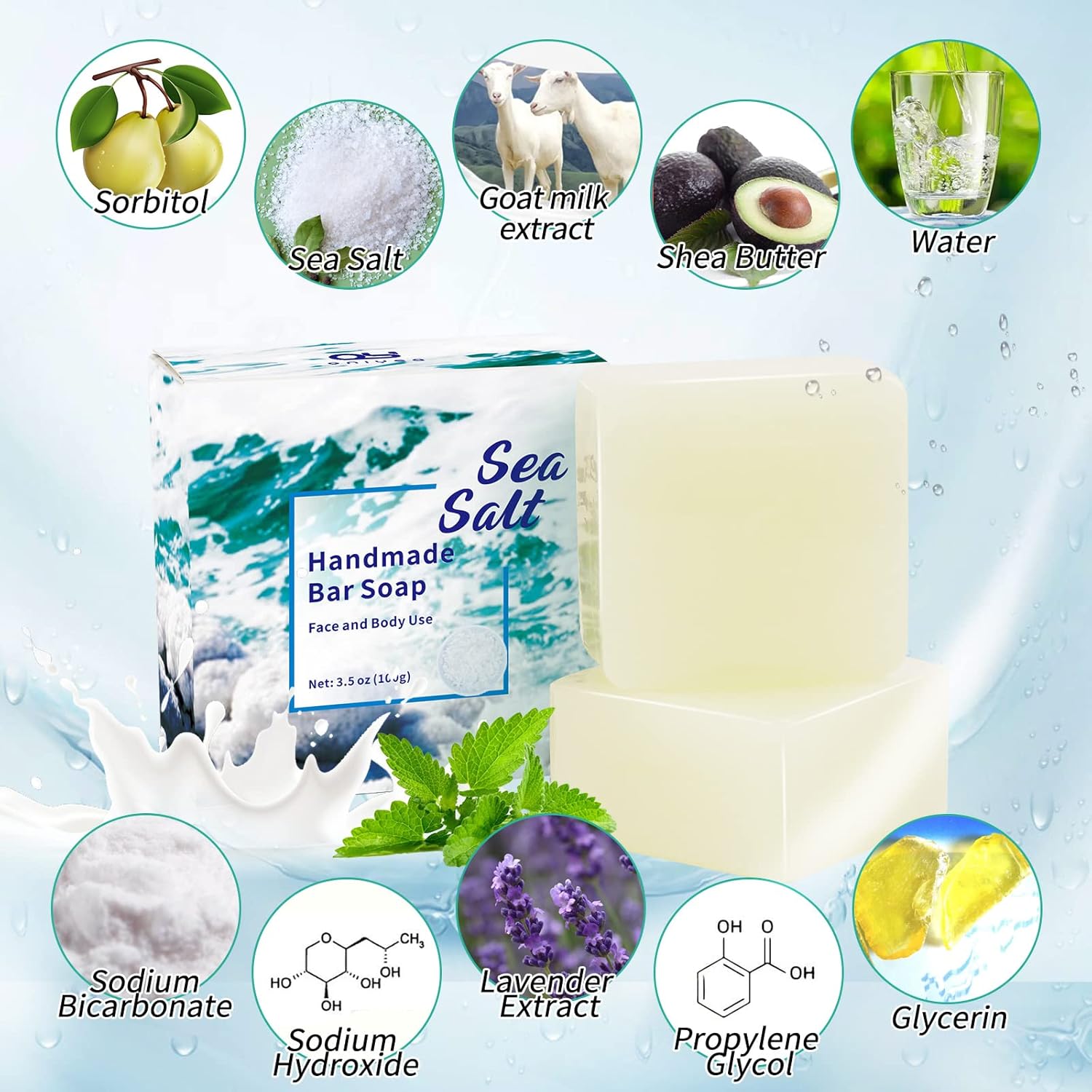 2 PK Sea Salt Soap 3.5 Oz Each, Exfoliating Acne Deeply Clean Problem Skin, Natural Goat's Milk, All Skin Types, Face Wash Body Wash Skincare, Women Men Gift