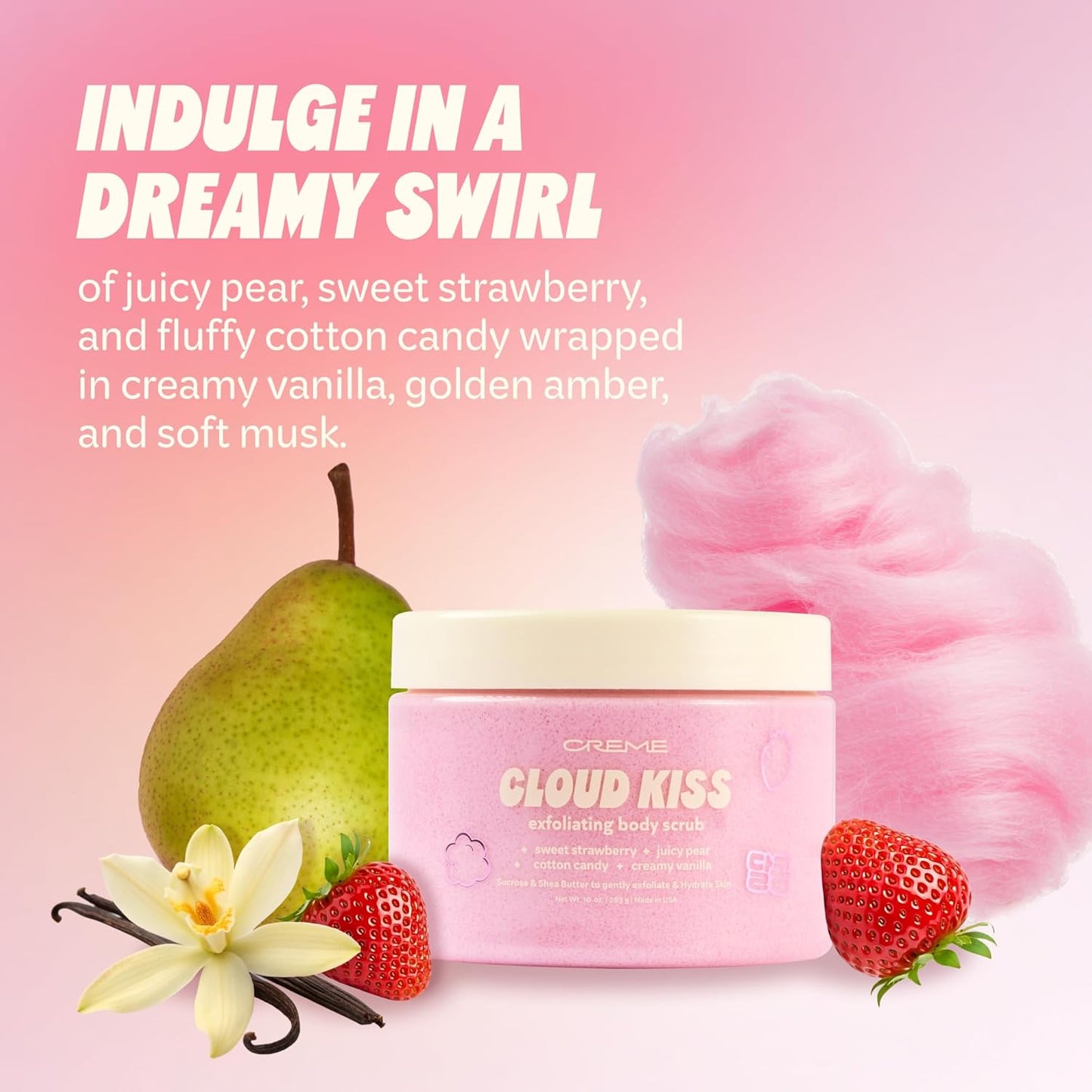 The Crème Shop Smoothing Body Scrub | Exfoliating Sugar Scrub with Almond Oil, Scented with Sweet Fruits, Creamy Vanilla & Soft Musk, 10 oz.