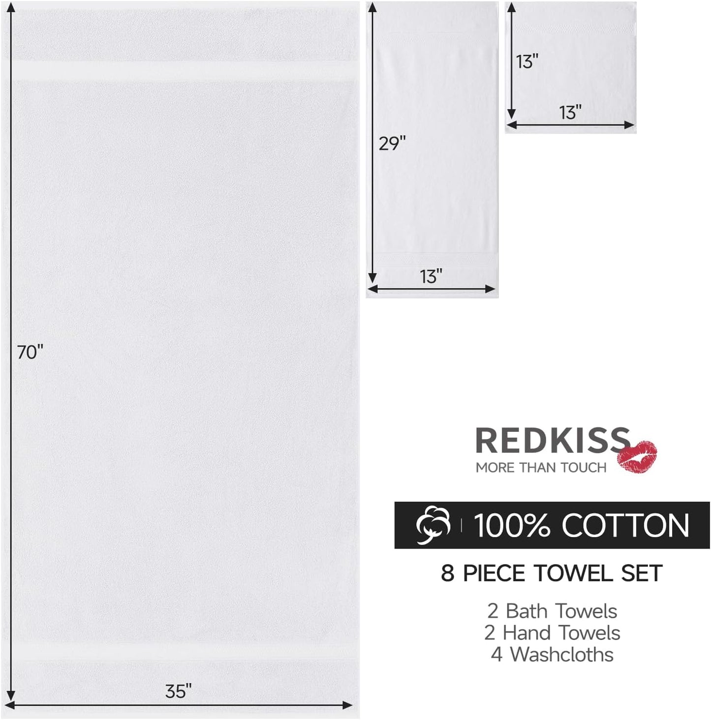 REDKISS 8 Piece Cotton Towel Sets for Bathroom - 2 Oversized Bath Sheets (35x70 in), 2 Hand, 4 Washcloth, Super Soft Quick Dry Highly Absorbent White Bath Towel Set for Home Gym Dorm Spa