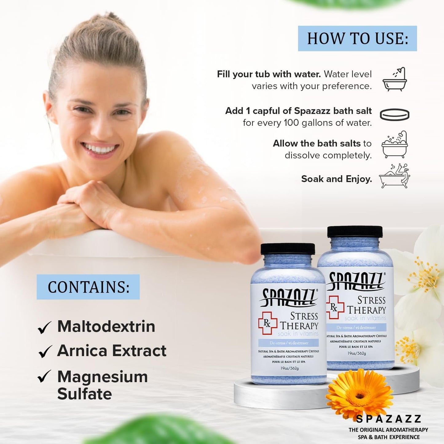 Spazazz Rx Stress Therapy Natural Spa & Bath Salt Aromatherapy Crystals- 2 Pack 19oz De-Stress - Calming & Relaxing Natural Aroma & Magnesium Mineral Bathing Salts - Safe for Your Hot Tub