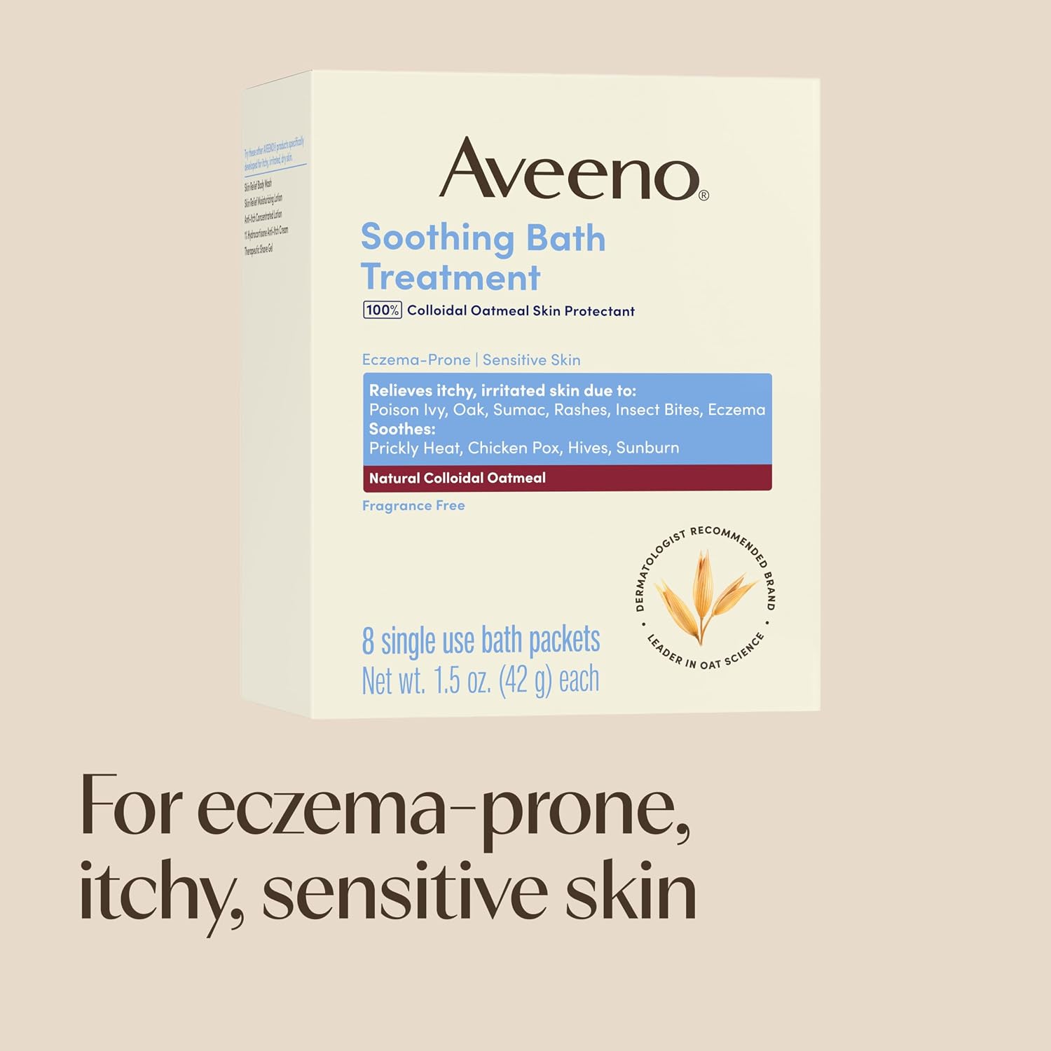 Aveeno Soothing Bath Treatment, Natural Colloidal Oatmeal Bath for Eczema, Sensitive Skin, Fragrance-Free Formula, Eczema Bath Soak Relieves Itchy, Dry Skin, Individual Packets, 8 ct.