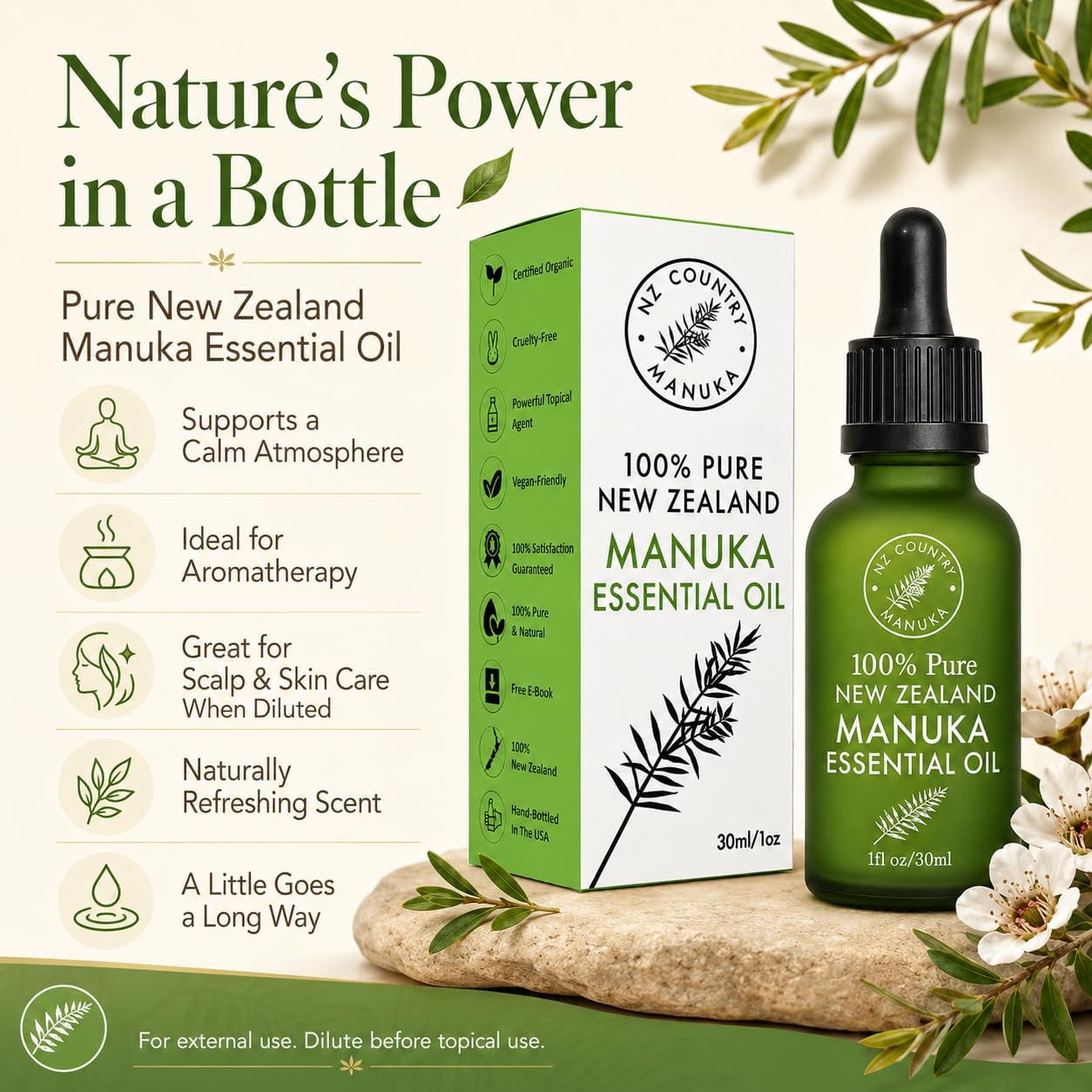 100% Pure New Zealand Manuka Oil | Organic Essential Oil | 35x Stronger Than Tea Tree | Natural Skin Care | Toenails | Diffuser | Aromatherapy | Nails | Hair | Skin | Lips