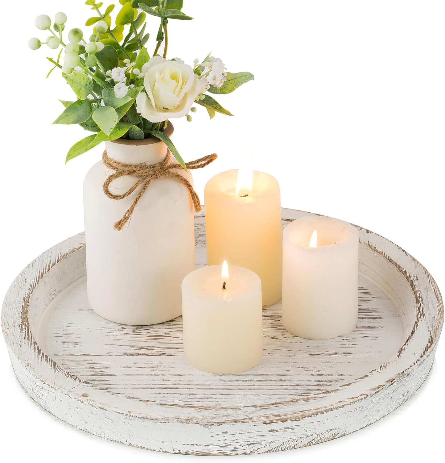 Hanobe Candle Plate Holder Tray: Round Wood Decorative Candle Plate - Rustic Farmhouse CoffeeTable Decor - Tealight Pillar Trays for Home Decor (White Rustic)