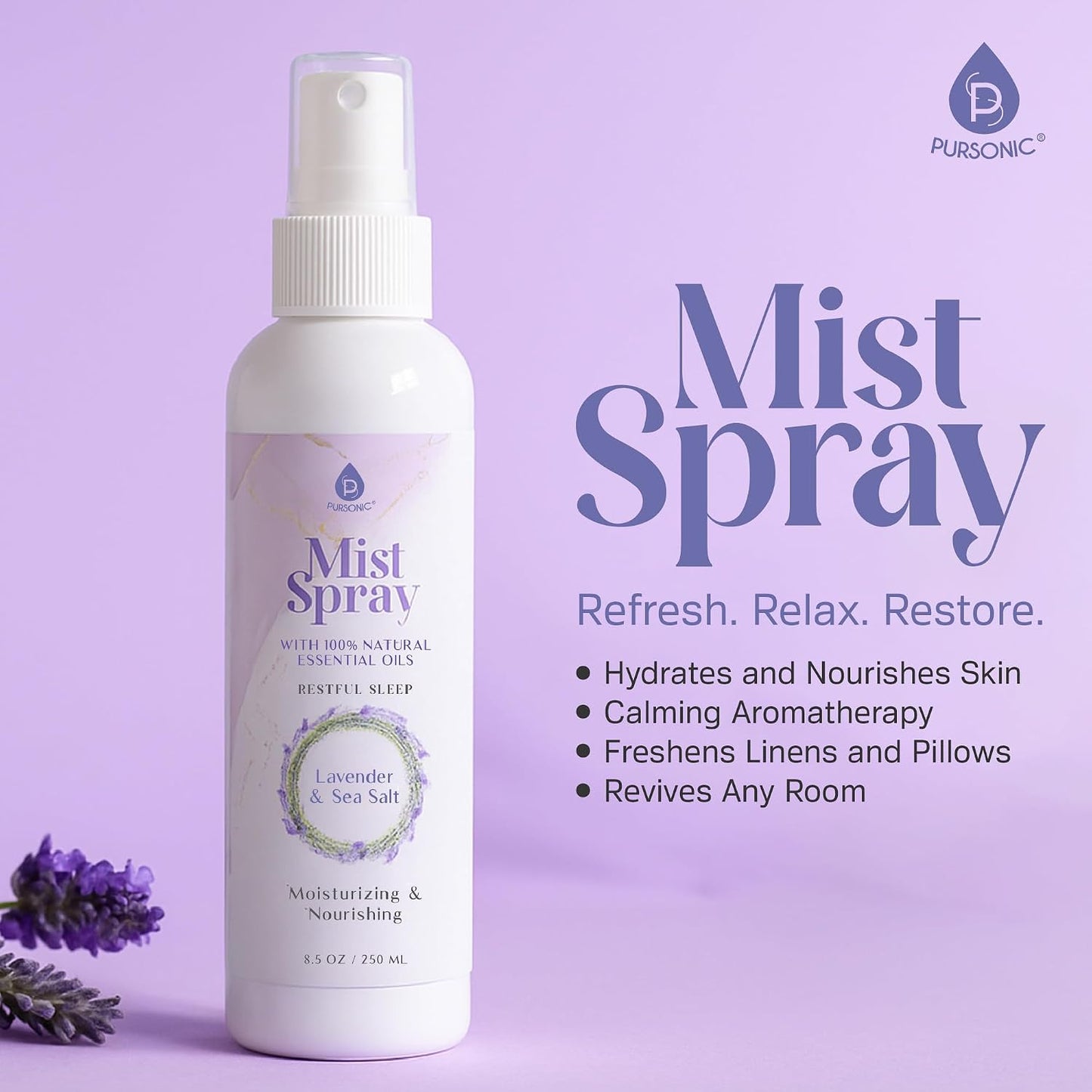 Pursonic Lavender & Sea Salt Mist Body Spray – Multi-Use Aromatherapy with Essential Oils for Skin, Pillow Spray for Sleeping, Linen & Room Freshener, Hydrating Body Mist, 8.5 oz