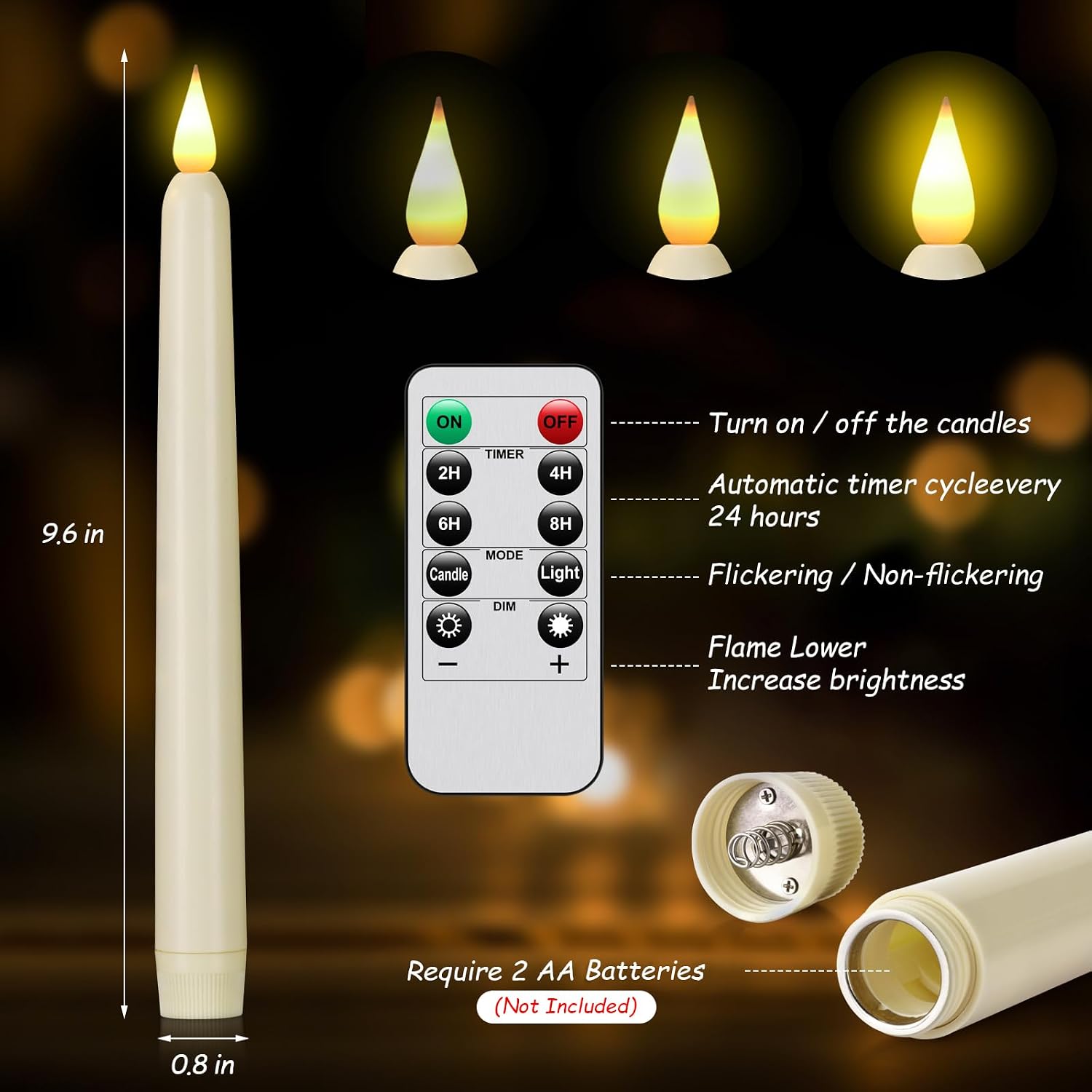 Flameless Taper Candles with Remote Control and Timer, Battery Operated LED Candlesticks with Flickering 3D Flame, 9.6×0.8 Inches Plastic Fake Candles for Christmas, Wedding and Home Decor (Ivory, 3)