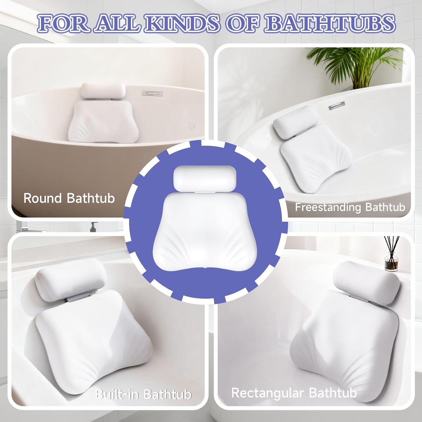 Silicone Bath Pillow, Upgraded Bath Pillows for Tub, Adjustable Height Bathtub Pillow for Head and Neck, 4D Luxury Tub Pillow Skin-Friendly Large Suction Cups Stability, Spa Relaxation-White