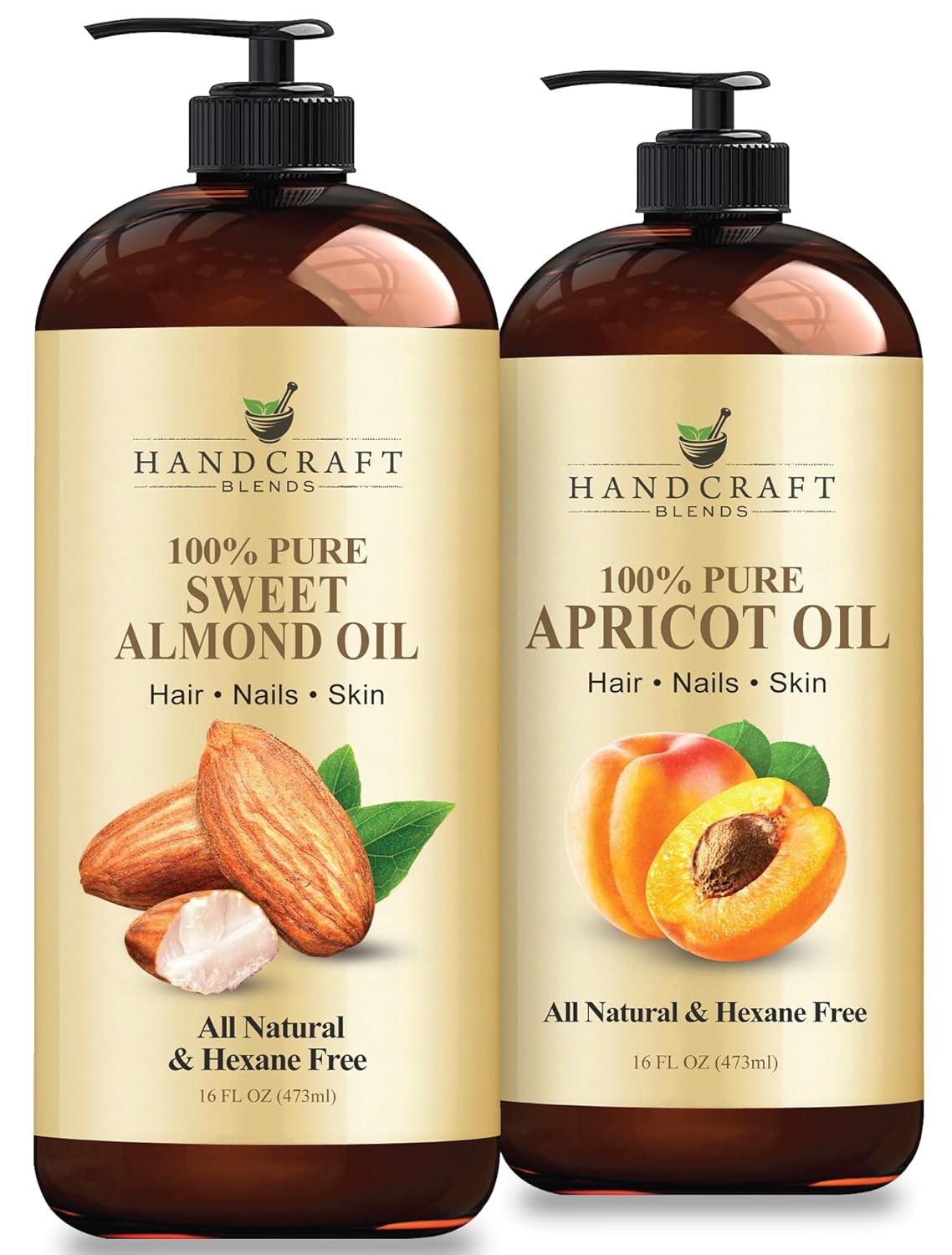 Handcraft Blends Soft & Silky Set: Apricot Kernel Oil and Sweet Almond Oil – (2 x 16 Fl Oz) – 100% Pure & Natural – Premium Carrier Oils for Massage and Skin Care