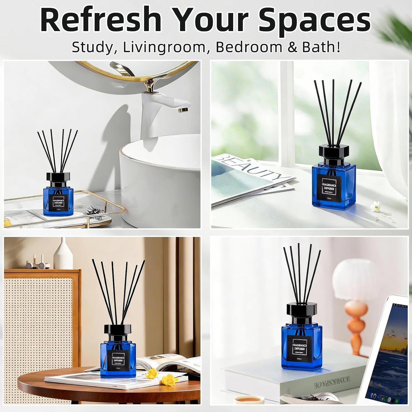 Reed Diffuser Set - 3.38 fl oz (100 ml) - Clean Linen Scent Diffuser with 5 Sticks - Long Lasting Home Fragrance - Air Freshener for Shelf Bathroom Decor Room Decor Aesthetic - Office Desk Accessories