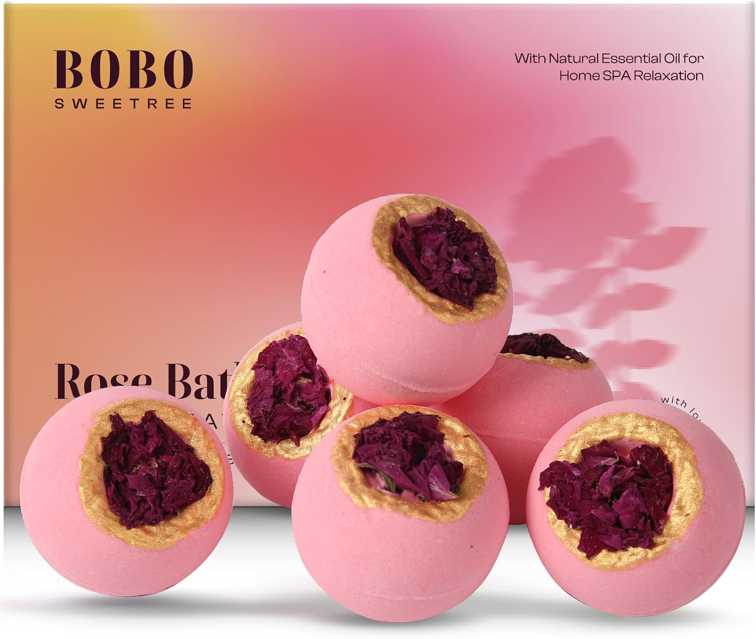Rose Bath Bombs Gift Set for Women, 6 Pack with Whole Dried Rose | Romantic home spa relaxation, essential oils aromatherapy, birthday anniversary presents for mom, wife, girlfriend