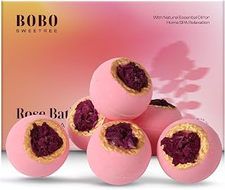 Rose Bath Bombs Gift Set for Women, 6 Pack with Whole Dried Rose | Romantic home spa relaxation, essential oils aromatherapy, birthday anniversary presents for mom, wife, girlfriend