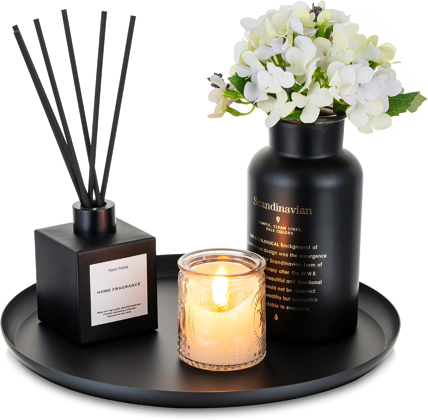Romadedi Black Decorative Candle Tray - Round Trays Decor for Coffee Table Centerpiece Metal Serving Tray for Kitchen Counter Organizer Modern Farmhouse Home Decorations, 11 Inch