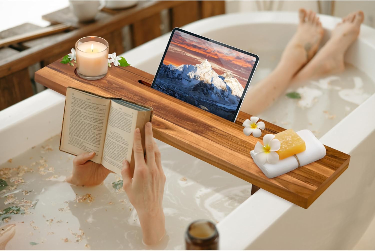 Bathtub Tray for Standard Tubs – 29" Adjustable Teak Wood Bath Caddy | Anti-Tip, Non-Toxic, Waterproof, Sustainable Bath Tray Organizer for Relaxing Spa & Home Use