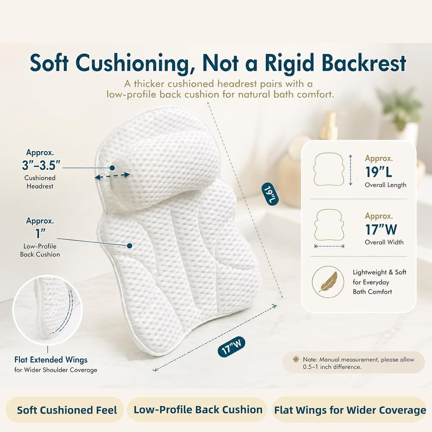 Bath Pillow Bathtub Pillow, Luxury Bath Pillows for Tub with Head, Neck & Back Support, 4D Air Mesh Bath tub Pillow with Extended Wings, Non-Slip Suction Cups Relaxing Spa Gift for Woman