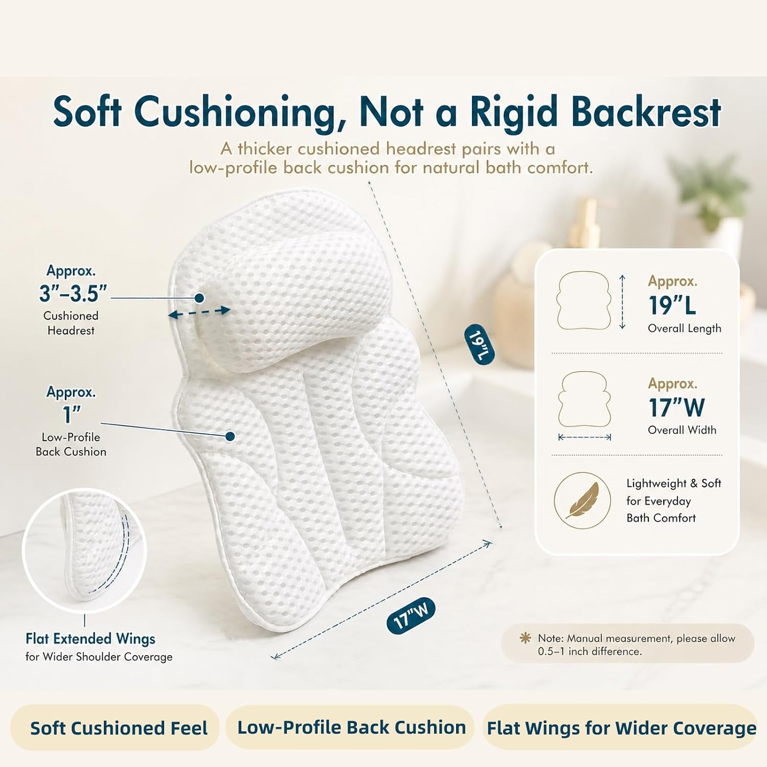 Bath Pillow Bathtub Pillow, Luxury Bath Pillows for Tub with Head, Neck & Back Support, 4D Air Mesh Bath tub Pillow with Extended Wings, Non-Slip Suction Cups Relaxing Spa Gift for Woman