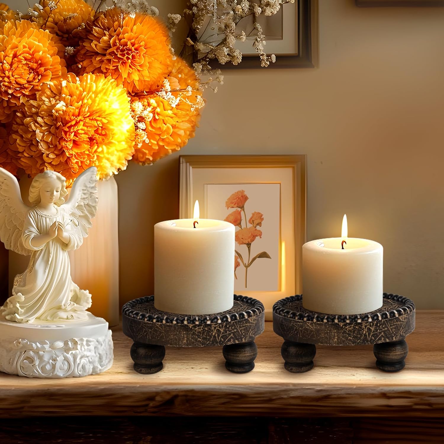 Farmhouse Round Wood Tray Riser, Pedestal Stand with Beaded Edge, Rustic Wooden Candle Trays Decor for Tiered Tray, Candle, Mug Display Decorative, Table Centerpiece, Black Gold