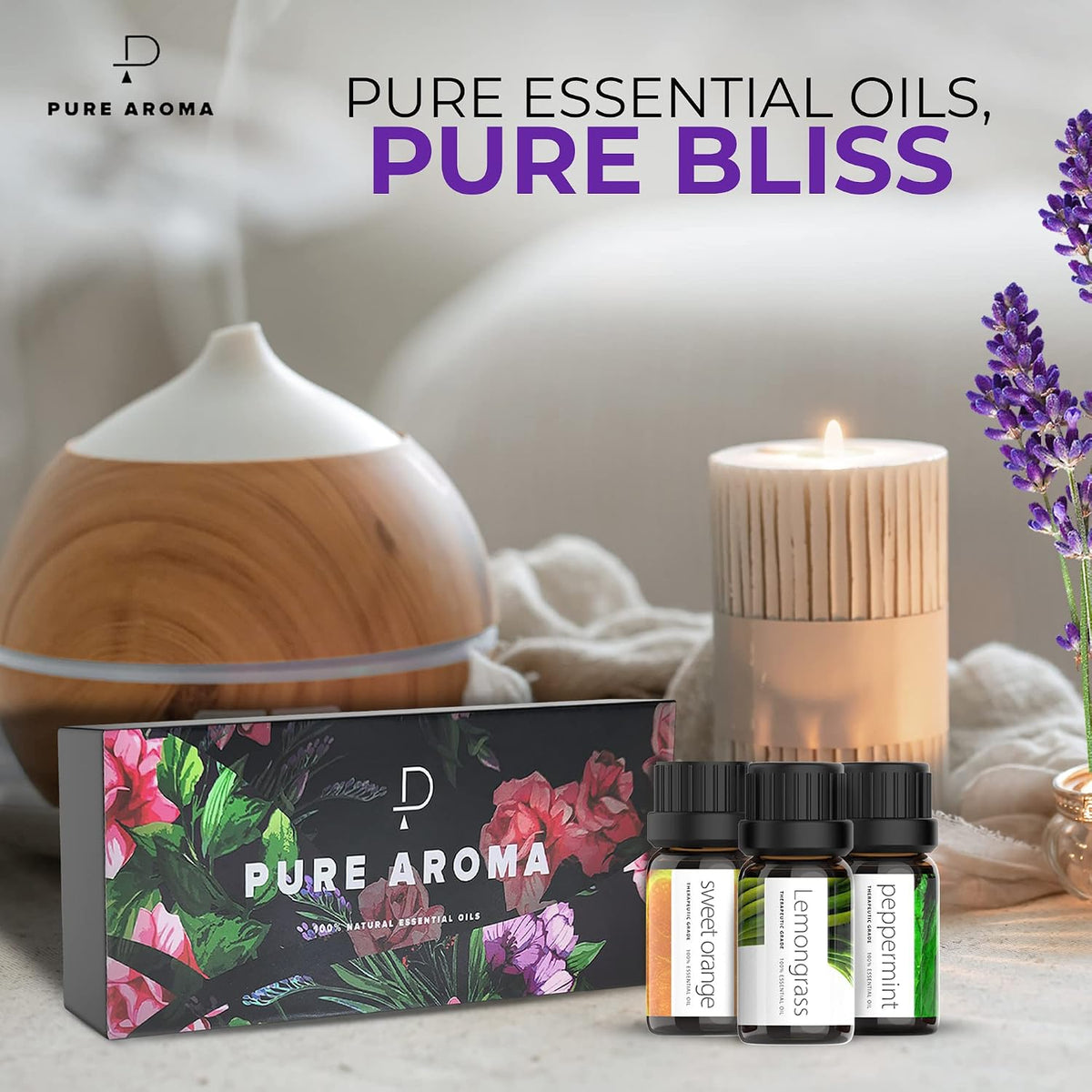 Pure Aroma Essential Oils Aromatherapy Set - 6 x 10ML Oils for Diffusers