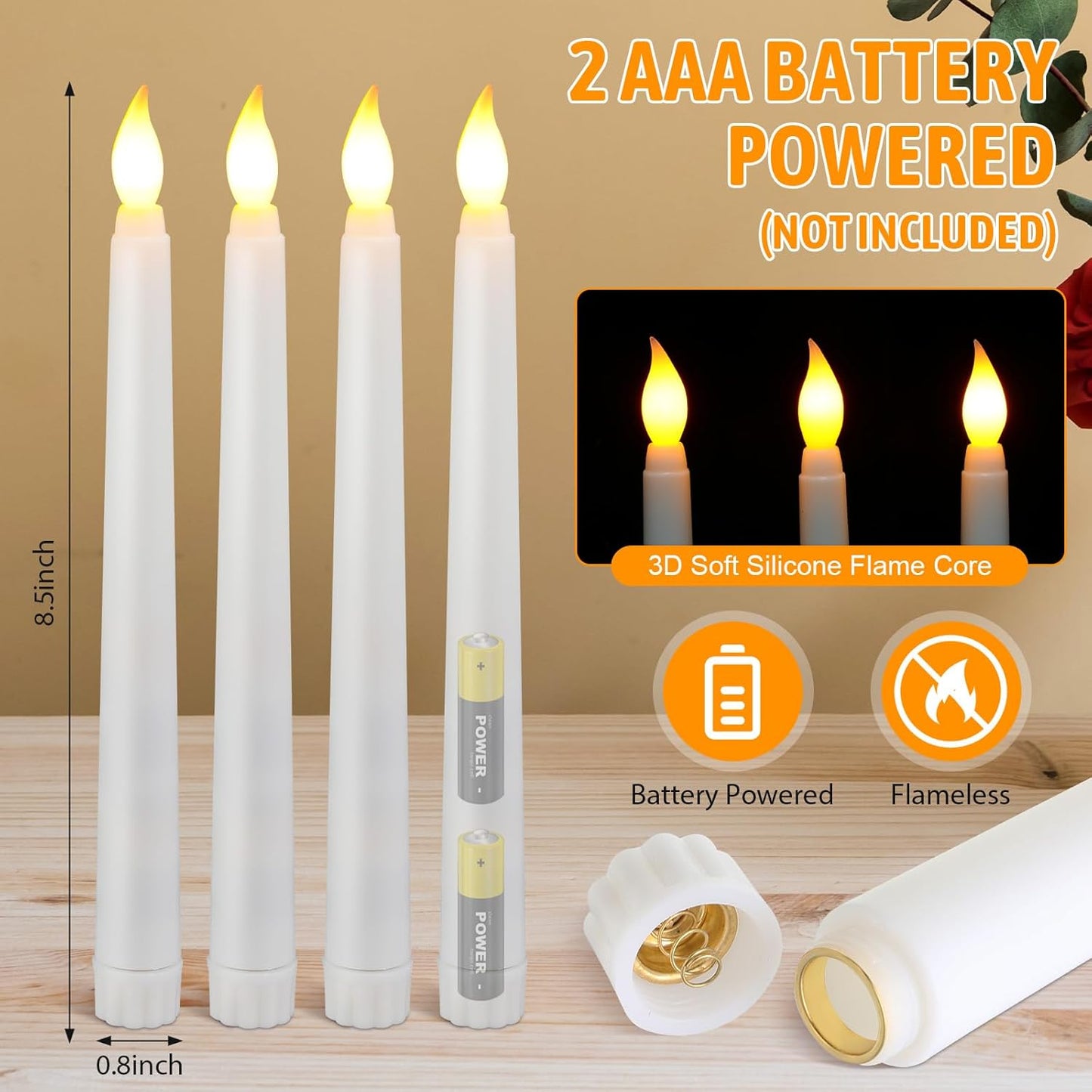 Baquler 50 Pcs 8.5 Inch LED Flameless Taper Candles Bulk Battery Operated Taper Candles Flickering Candlesticks for Wedding Church Valentines Day Table Decoration