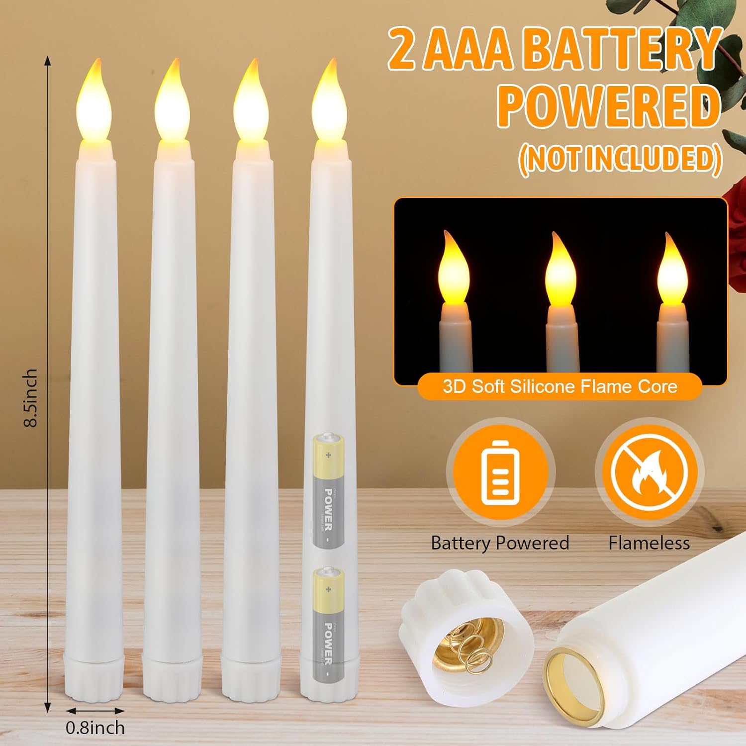 Baquler 50 Pcs 8.5 Inch LED Flameless Taper Candles Bulk Battery Operated Taper Candles Flickering Candlesticks for Wedding Church Valentines Day Table Decoration