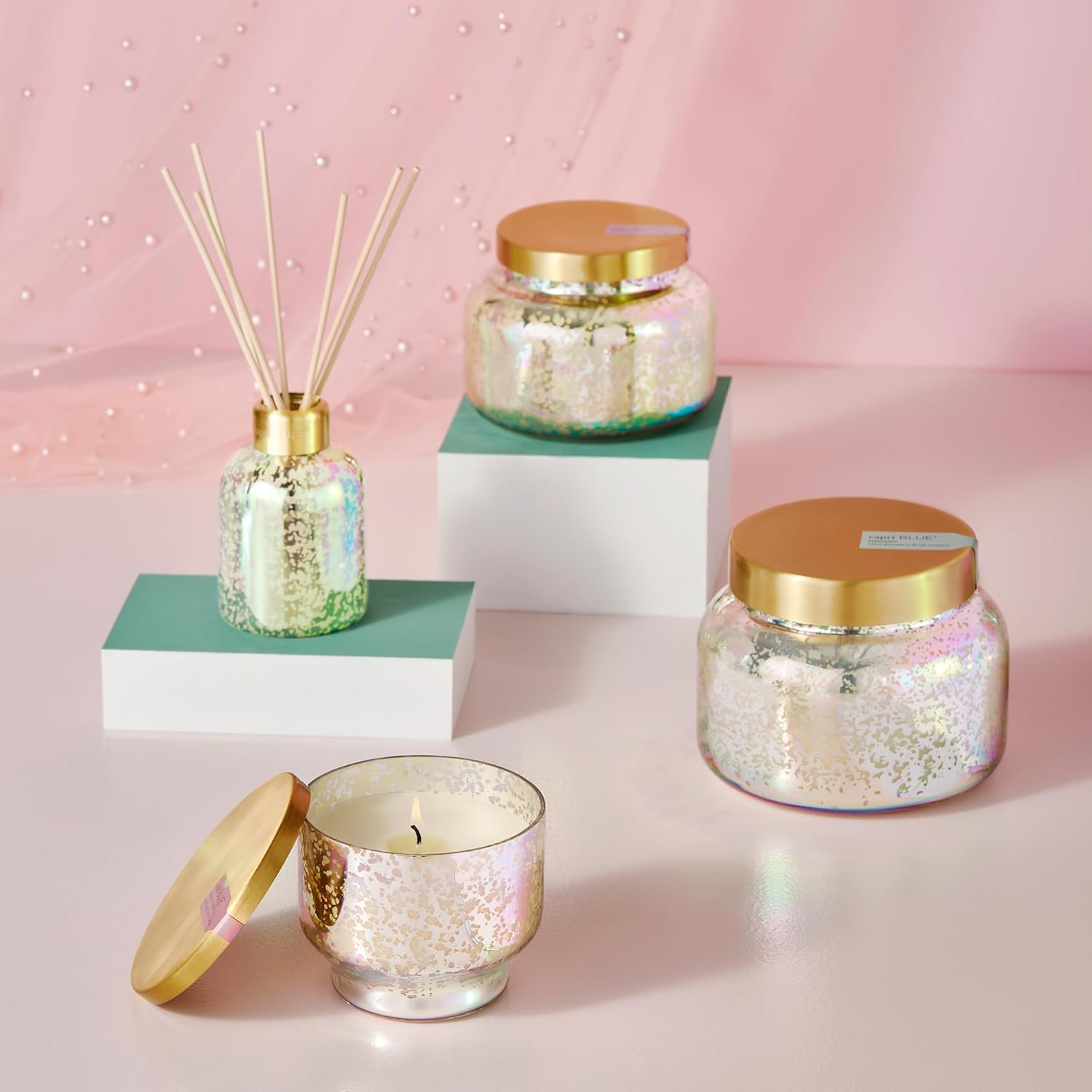 Capri Blue Reed Diffuser - Comes with Blue Jean Scented Diffuser Oil, Diffuser Sticks, and Mercury Iridescent Glass Bottle - Aromatherapy Diffuser (5.7 fl oz)