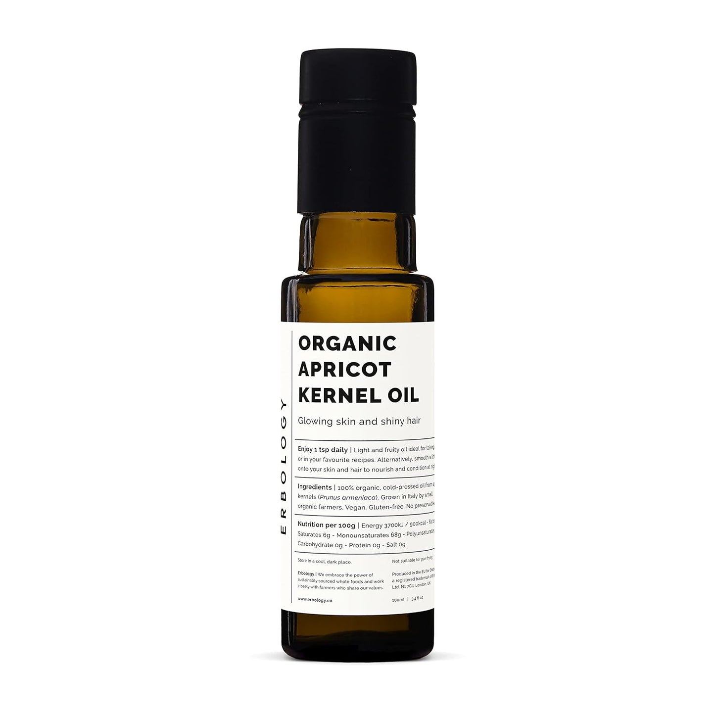 100% Organic Apricot Kernel Oil 100ml - Cold-Pressed - Premium Quality - Skin Health and Gut Health - Straight from Farm in Italy - Non-GMO - No Additives or Preservatives - Recyclable Glass Bottle