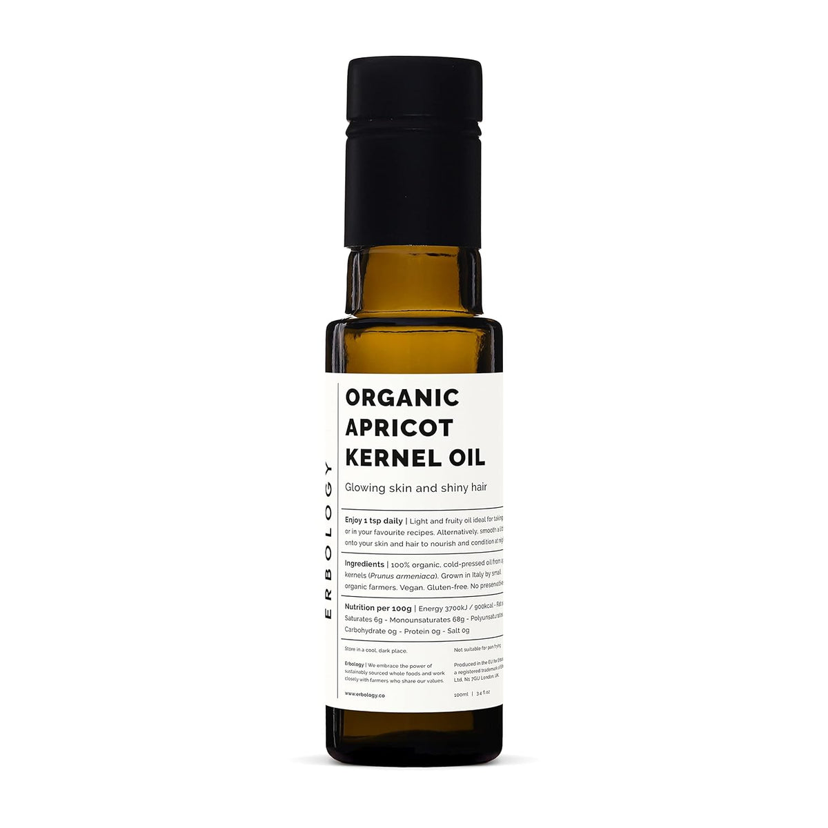 100% Organic Apricot Kernel Oil 100ml - Cold-Pressed - - Skin Health and Gut Health - Straight from Farm in Italy - Non-GMO