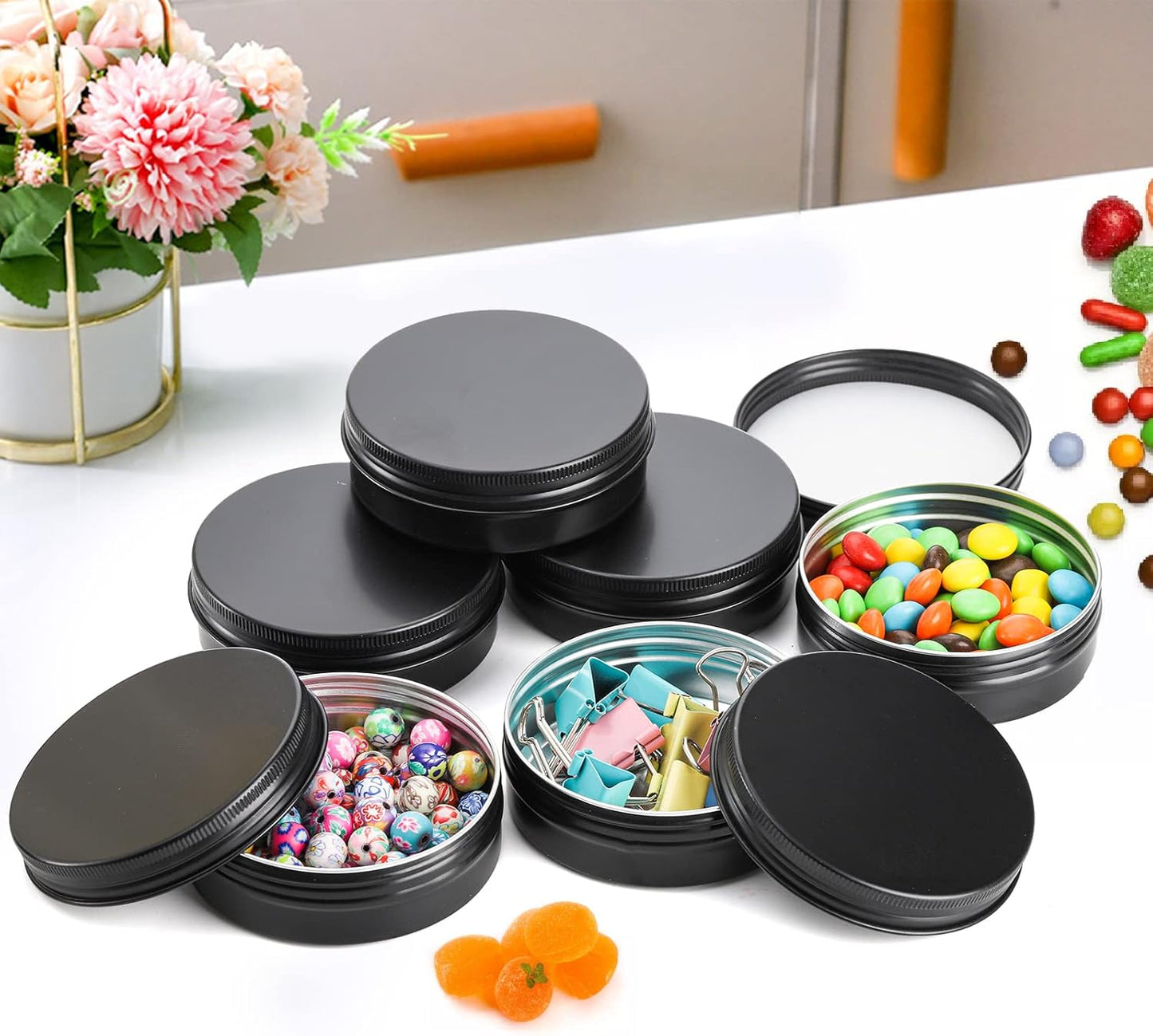 Foraineam 48 Pack 2 oz Round Lip Balm Tin Cans - Aluminum Cosmetic Sample Containers with Screw Lid - Matte Black Metal Empty Tins Storage Travel Tin Jars