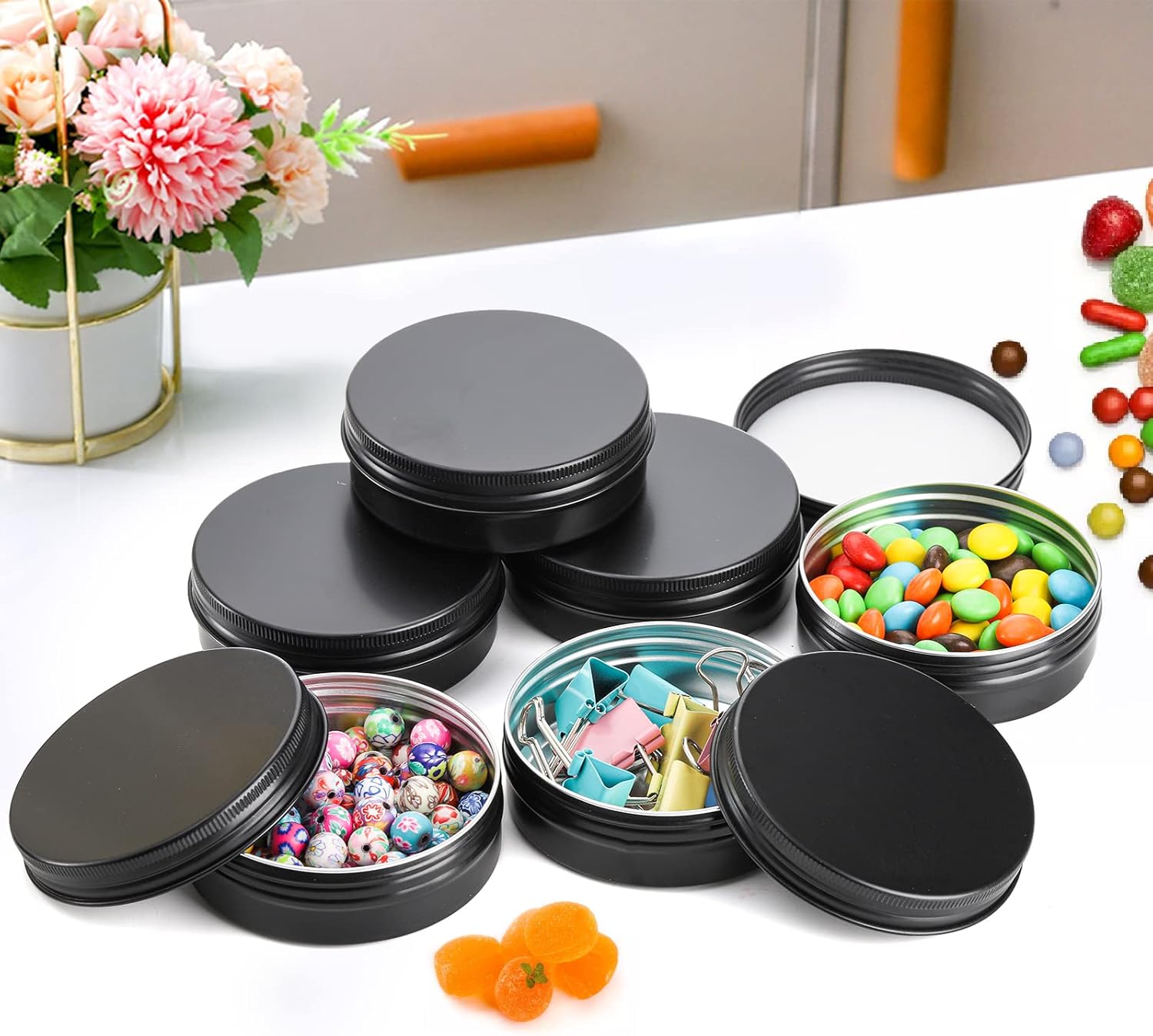 Foraineam 48 Pack 2 oz Round Lip Balm Tin Cans - Aluminum Cosmetic Sample Containers with Screw Lid - Matte Black Metal Empty Tins Storage Travel Tin Jars