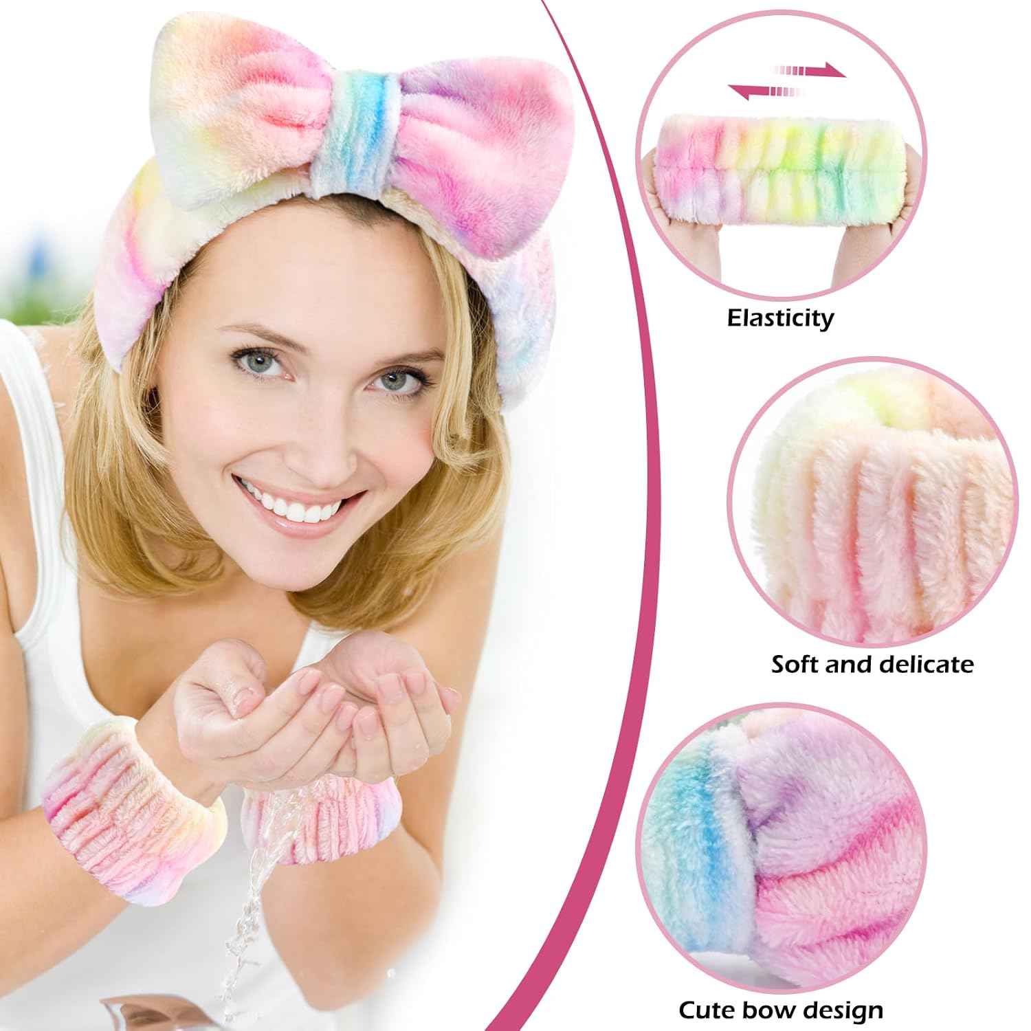 3PCS Spa Headband and Wristbands Set for Women, Soft Microfiber Face Wash Headband with Cute Bow, Elastic Absorbent Wrist Towels, Makeup Skincare Accessories for Facial, Shower, Yoga