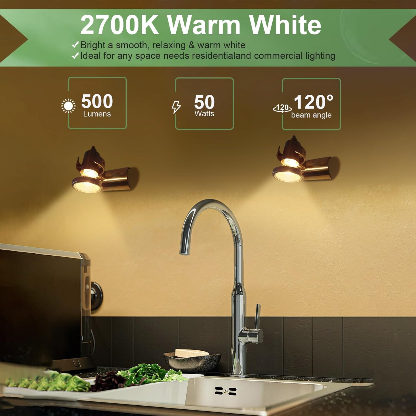 SerBion GU10 120V 50W Halogen Light Bulbs for Track and Range Hood, GU10+C Candle Warmer Lamp with Dimmable, 2700K Warm White, 6000+Hours Long-Lasting Pack of 6