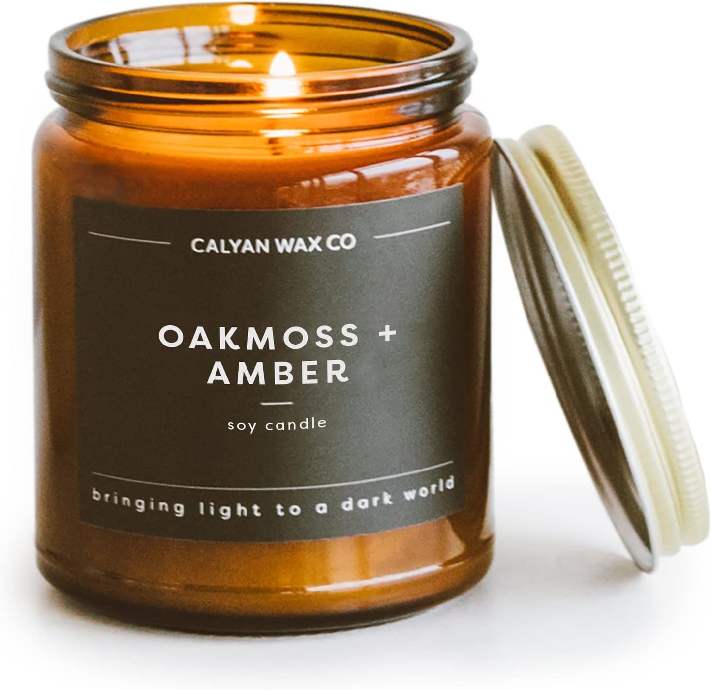Calyan Wax Co. Oakmoss & Amber Scented Candle - 57 Hour Burn - Luxury Clean Soy Wax Candles - Long Lasting Amber Glass Jar Candle for Home - 7.2oz